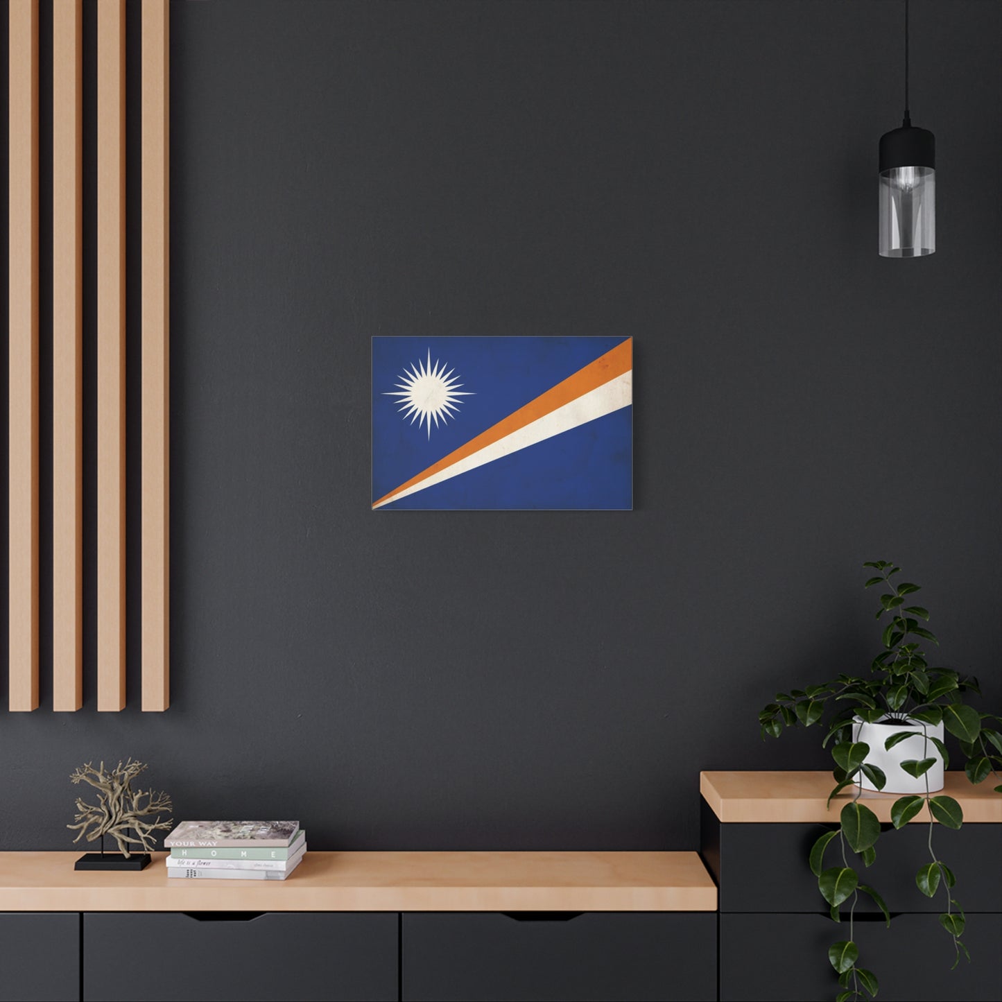 Marshall Islands Flag Canvas Wall Art - Blue Field, White Starburst, Orange Stripe - Vintage Patriotic Print - Coastal Island Decor For Living Room, Office Wall Display Accent - Modern Farmhouse Style