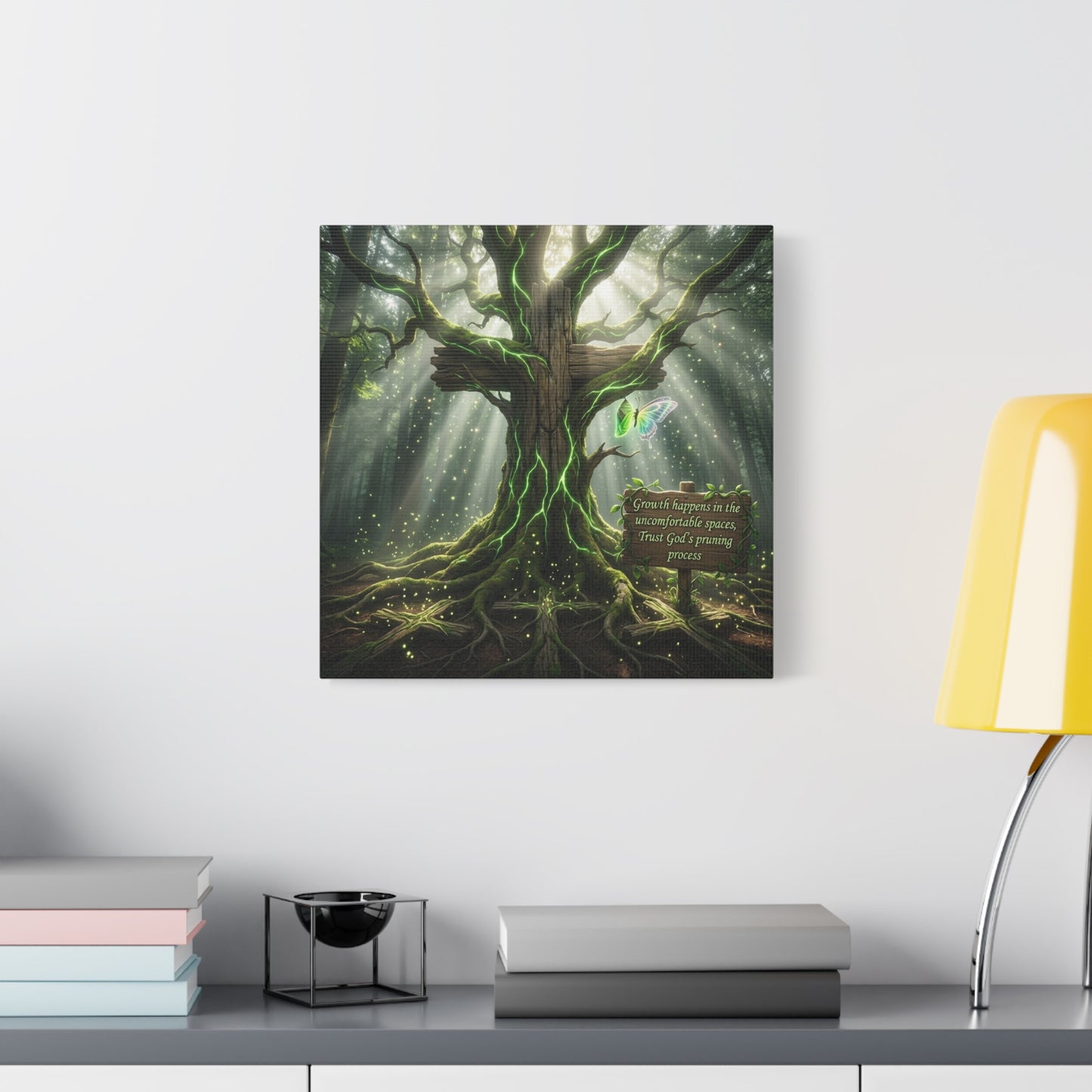 "Growth Happens In The Uncomfortable Spaces, Trust God's Pruning Process" Christian Canvas Wall Art - Forest Tree Cross, Butterfly - Inspirational Rustic Decor - Living Room Wall Decor - Ready to Hang