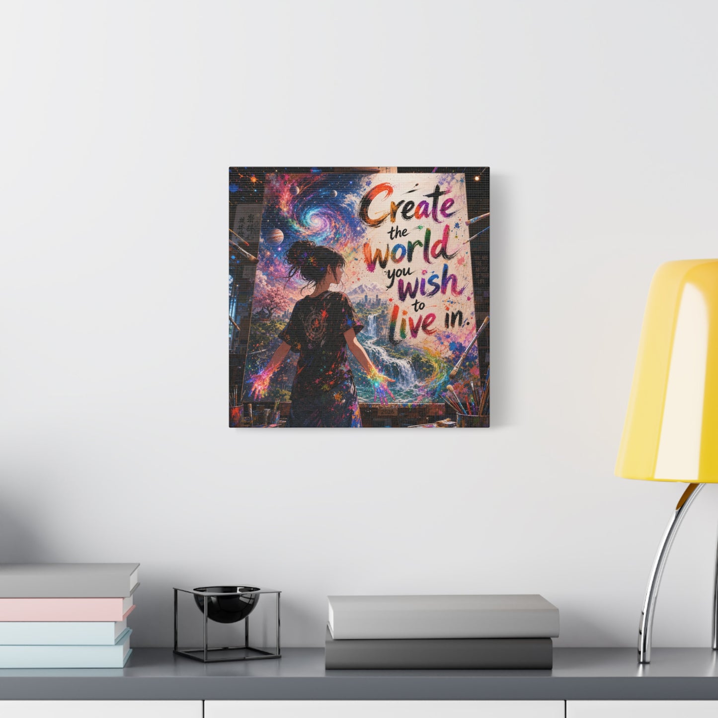 "Create The World You Wish To Live In" Inspirational Canvas Wall Art - Colorful Cosmic Artist Girl Quote Print - Modern Typography Decor - Bedroom Home Decoration, Creative Office Accent