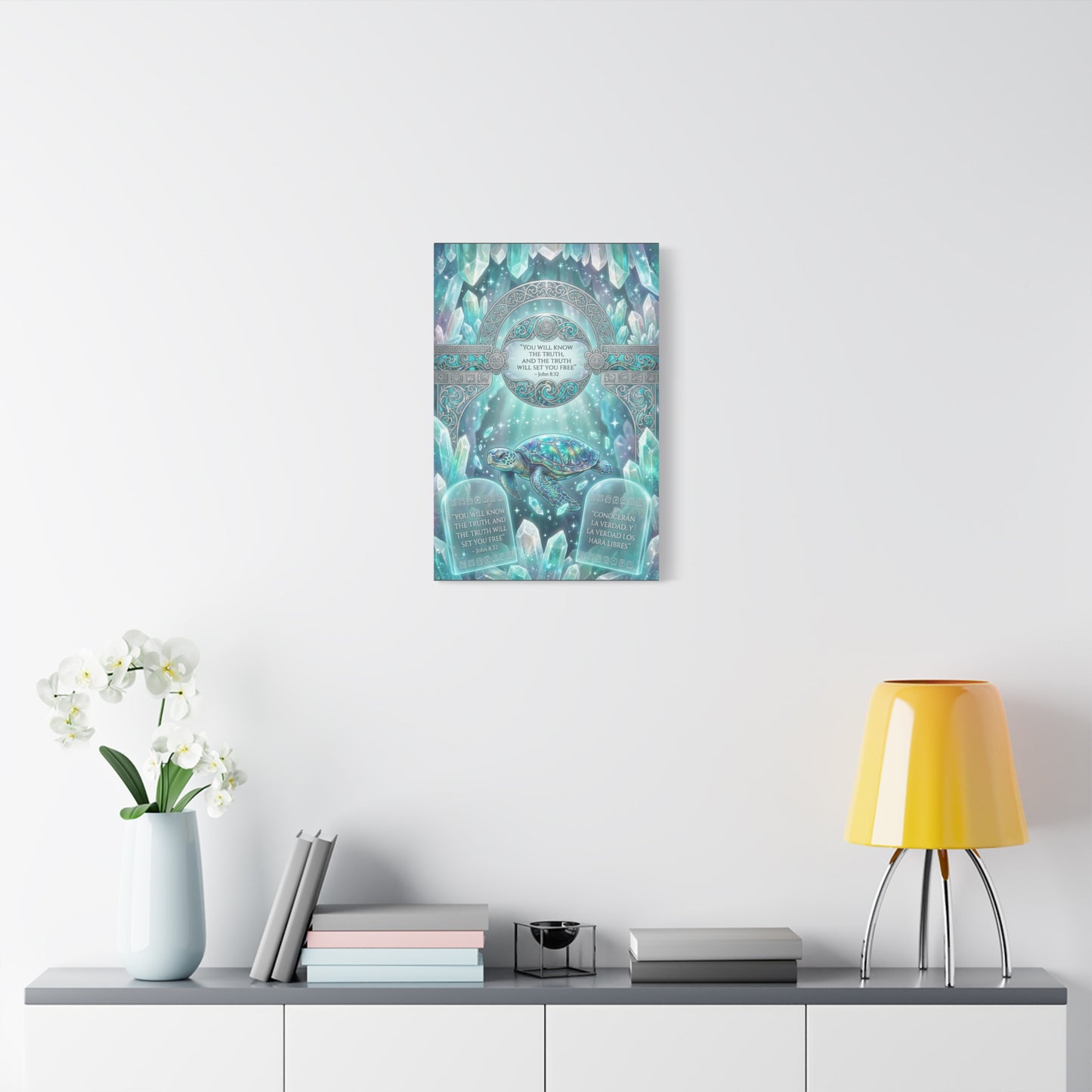 "You Will Know The Truth, And The Truth Will Set You Free" Sea Turtle Canvas Wall Art - John 8:32 Scripture Decor, Crystal Ocean Fantasy Style, Bedroom Wall Hanging, Meditation Space - Ready to Hang