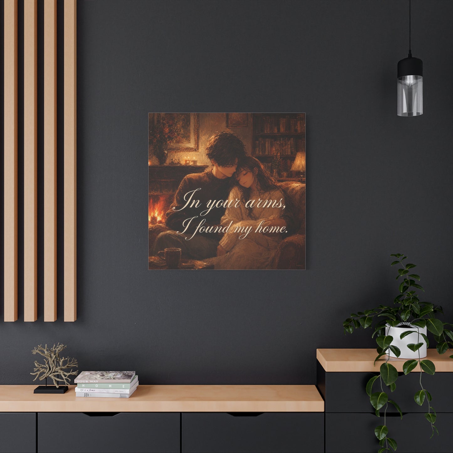 "In Your Arms, I Found My Home" Romantic Couple Canvas Wall Art - Cozy Fireplace Library Scene, Warm Vintage Style - Bedroom Home Decoration, Living Room Accent - Ready to Hang - Office Wall Art