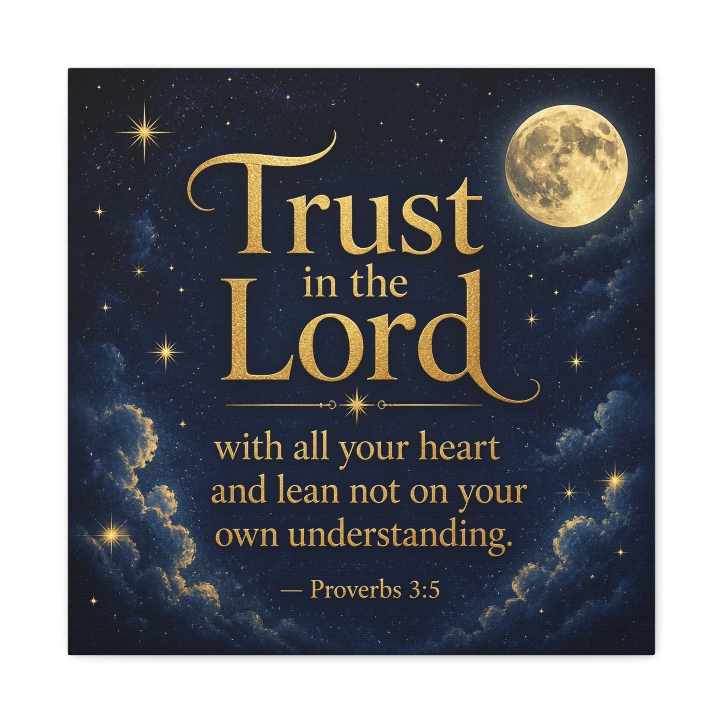 "Trust In The Lord" Bible Verse Canvas Wall Art - Moonlit Scripture Quote, Gold Typography, Christian Wall Decor - Traditional Night Sky Design - Bedroom Living Room Decoration - Ready to Hang