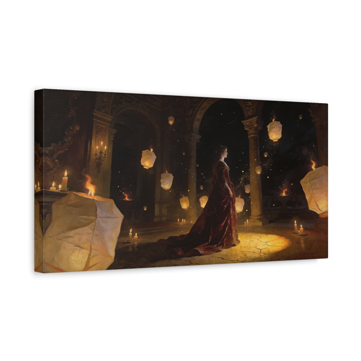 Woman In Candlelit Palace Canvas Wall Art - Floating Lantern Fantasy Scene, Dark Romantic Matte Canvas Print - Traditional Style, Living Room Wall Decor, Bedroom Home Accent - Bedroom Home Decoration