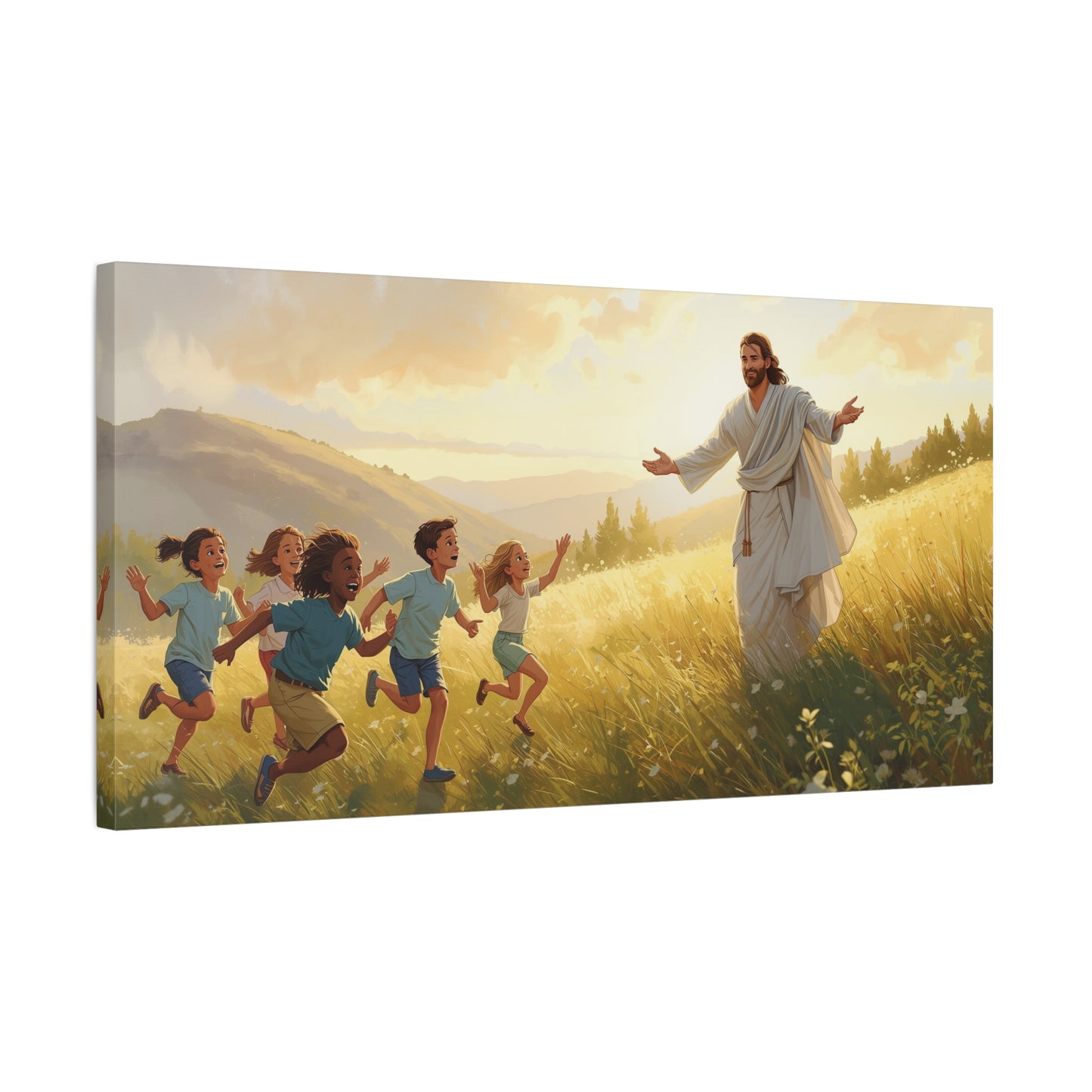 Jesus Christ With Children Canvas Wall Art - Golden Meadow Landscape, Christian Home Decor Print - Matte Cotton Canvas - Traditional Style For Living Room Bedroom Office - Living Room Wall Decor