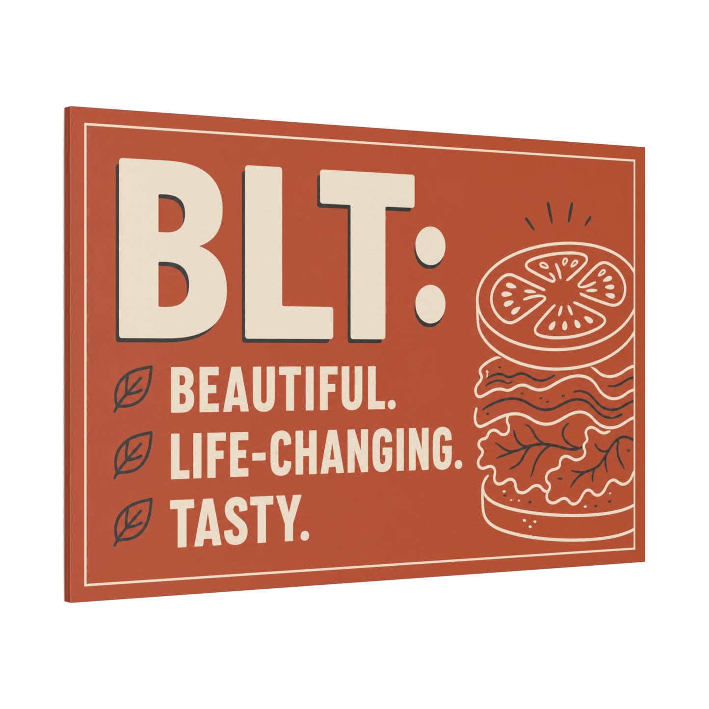 "BLT: Beautiful. Life-Changing. Tasty." Canvas Wall Art - Retro Sandwich Decor - Typography Food Illustration - Modern Farmhouse Style - Deli Wall Decor - Sandwich Shop Sign - Gallery Wrapped Canvas