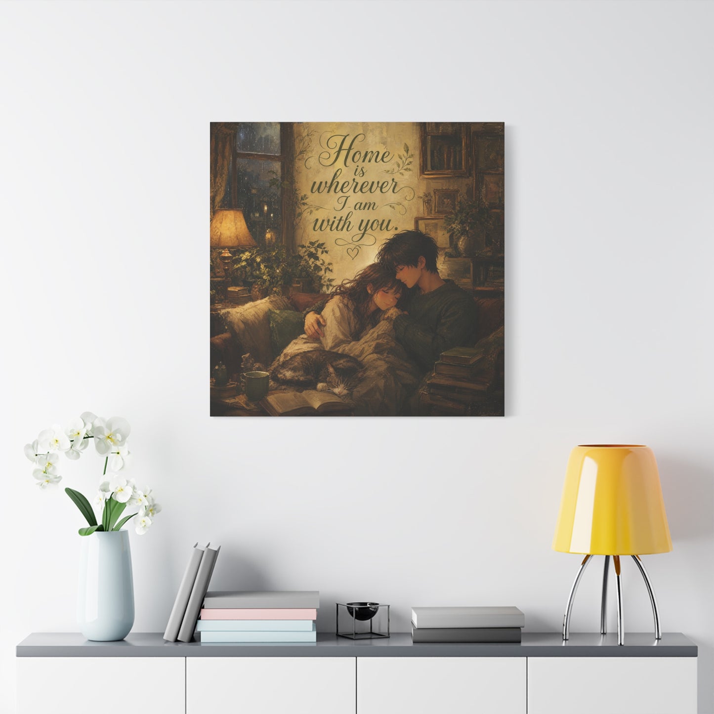 "Home Is Wherever I Am With You." Couple Canvas Wall Art - Romantic Cozy Reading Nook Quote Print - Vintage Warm Lamplight Style - Living Room Wall Decor, Bedroom Home Decoration - Ready to Hang