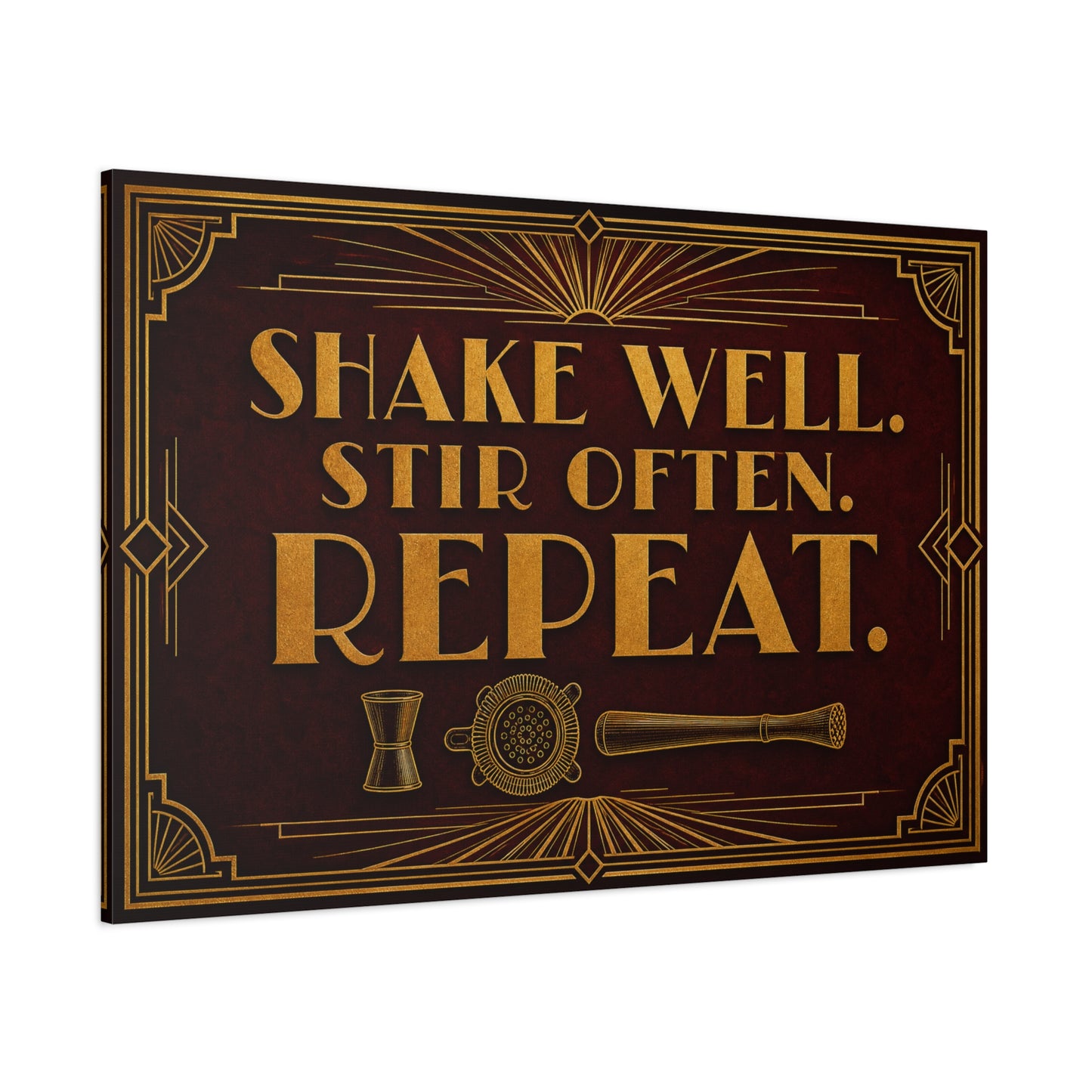 "Shake Well. Stir Often. Repeat." Cocktail Canvas Wall Art - Art Deco Bar Quote Print, Vintage Gold Typography, Speakeasy Lounge Decor, Home Bar Decoration - Ready to Hang - Tavern Wall Decor