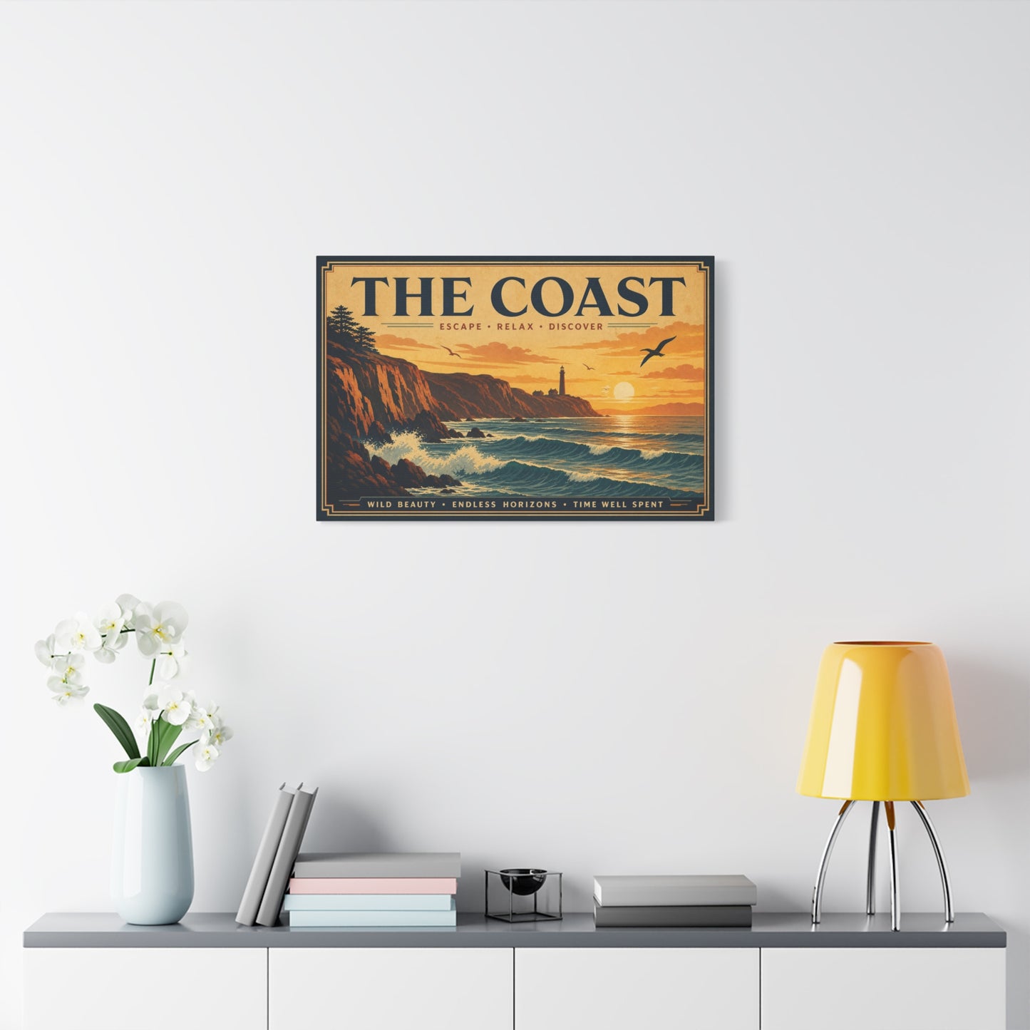 "The Coast" Coastal Canvas Wall Art - Vintage Lighthouse Sunset Ocean Waves Print - Retro Seascape Home Decor, Nautical Living Room Wall Decor - Modern Farmhouse Style - Bedroom Home Decoration