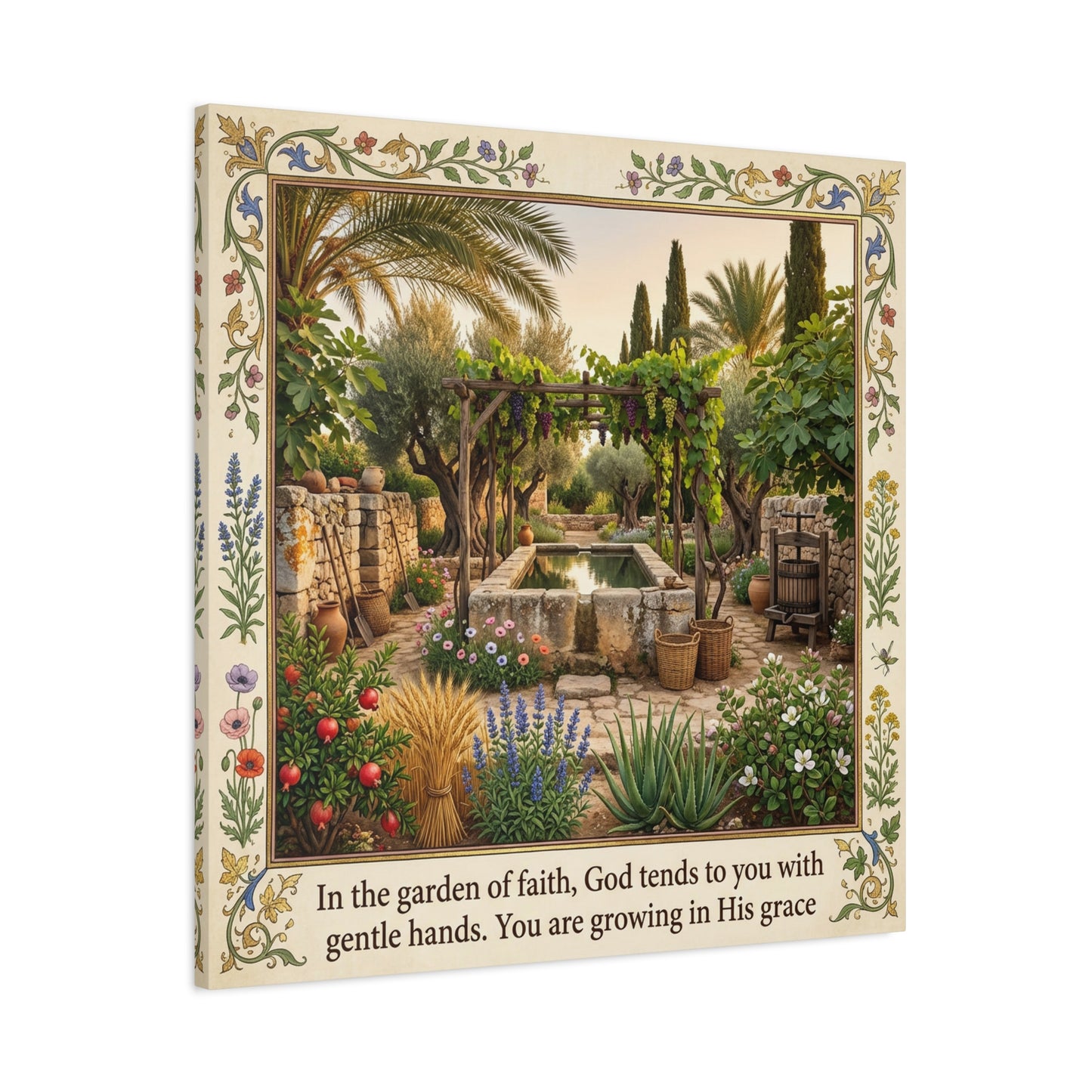 "In The Garden Of Faith, God Tends To You" Canvas Wall Art - Biblical Garden Scripture Print, Floral Border, Rustic Mediterranean Courtyard Scene - Christian Home Decor For Living Room - Ready to Hang