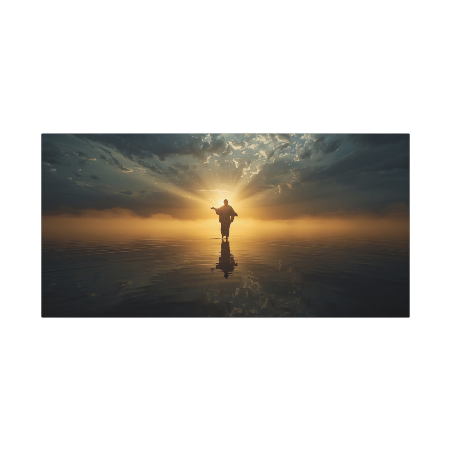 Jesus Christ Canvas Wall Art - Walking On Water At Sunrise, Dramatic Sky Reflection - Matte Cotton Print - Religious Home Decor For Living Room, Bedroom, Office Wall Accent - Bedroom Home Decoration