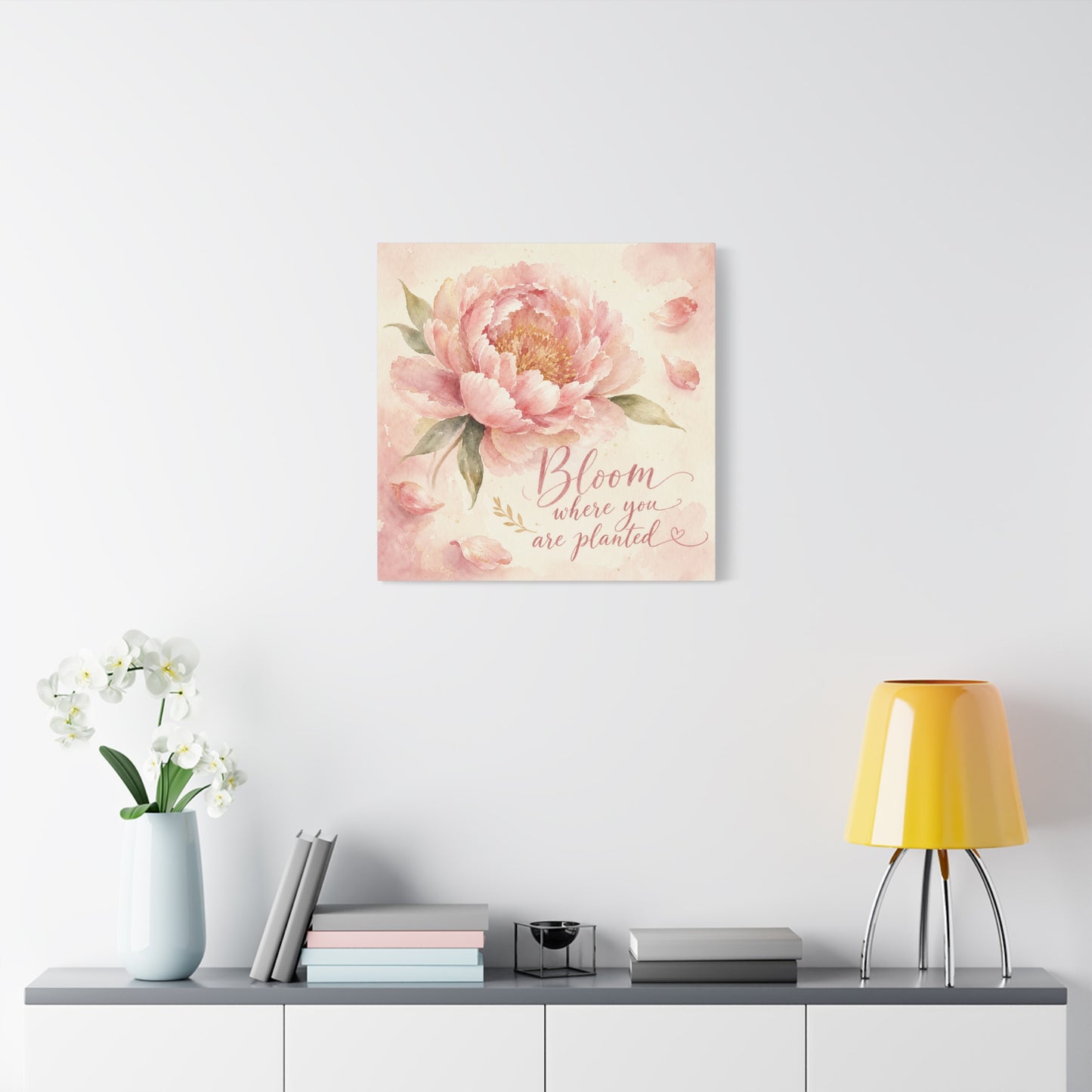 "Bloom Where You Are Planted" Peony Canvas Wall Art - Pink Watercolor Floral Quote Print, Soft Botanical Decor, Bedroom Wall Hanging, Feminine Farmhouse Style - Bedroom Home Decoration - Ready to Hang