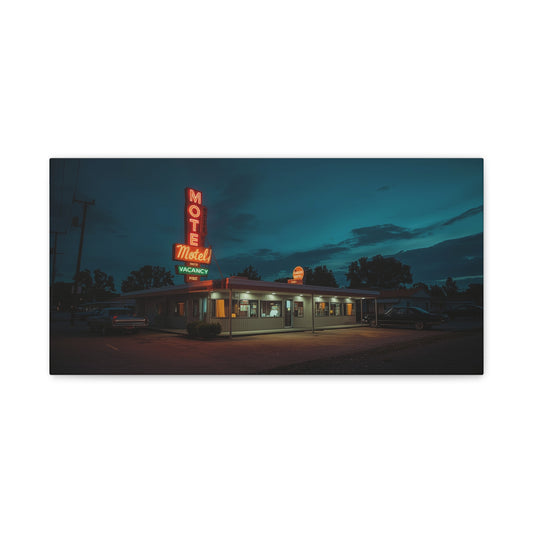 Neon Motel Canvas Wall Art - Vintage Roadside Motel Art Print, Blue Night Sky, Retro Americana Style - Living Room Wall Decor, Home Decoration, Office Art Accent - Bedroom Home Decoration