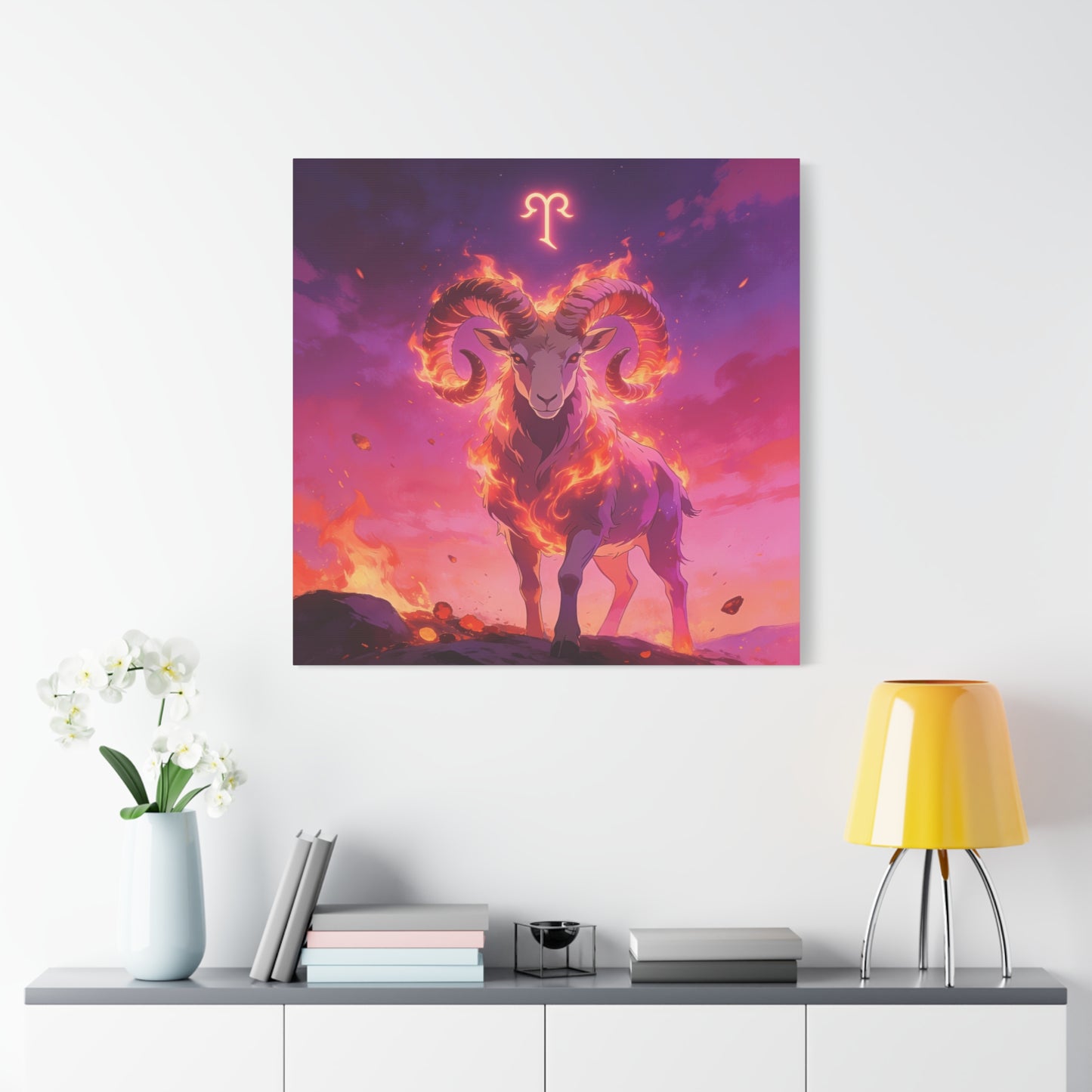 Aries Ram Canvas Wall Art - Fiery Zodiac Illustration, Purple Pink Flame Sky, Matte Canvas Print, Modern Fantasy Style, Bedroom Wall Decor, Home Office Accent, Statement Piece For Astrology Lovers