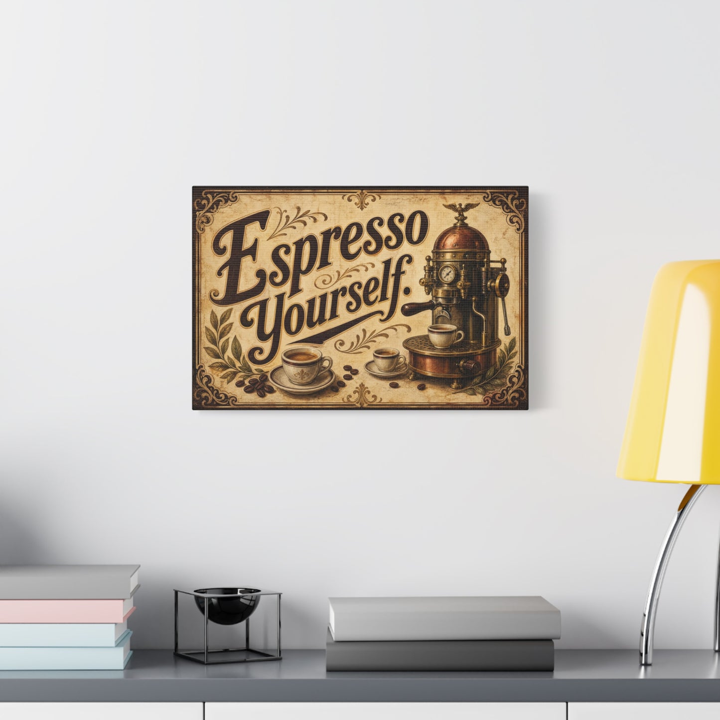 "Espresso Yourself" Coffee Canvas Wall Art - Vintage Espresso Machine Decor - Rustic Cafe Style Matte Print - Ready to Hang - Ready to Hang - Coffee Shop Decor - Cafe Wall Art - Gallery Wrapped Canvas