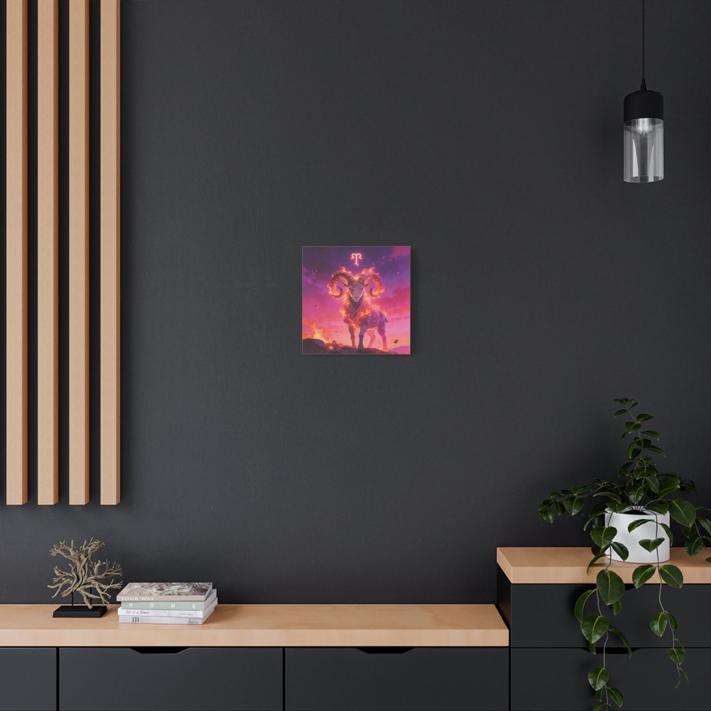 Aries Ram Canvas Wall Art - Fiery Zodiac Illustration, Purple Pink Flame Sky, Matte Canvas Print, Modern Fantasy Style, Bedroom Wall Decor, Home Office Accent, Statement Piece For Astrology Lovers