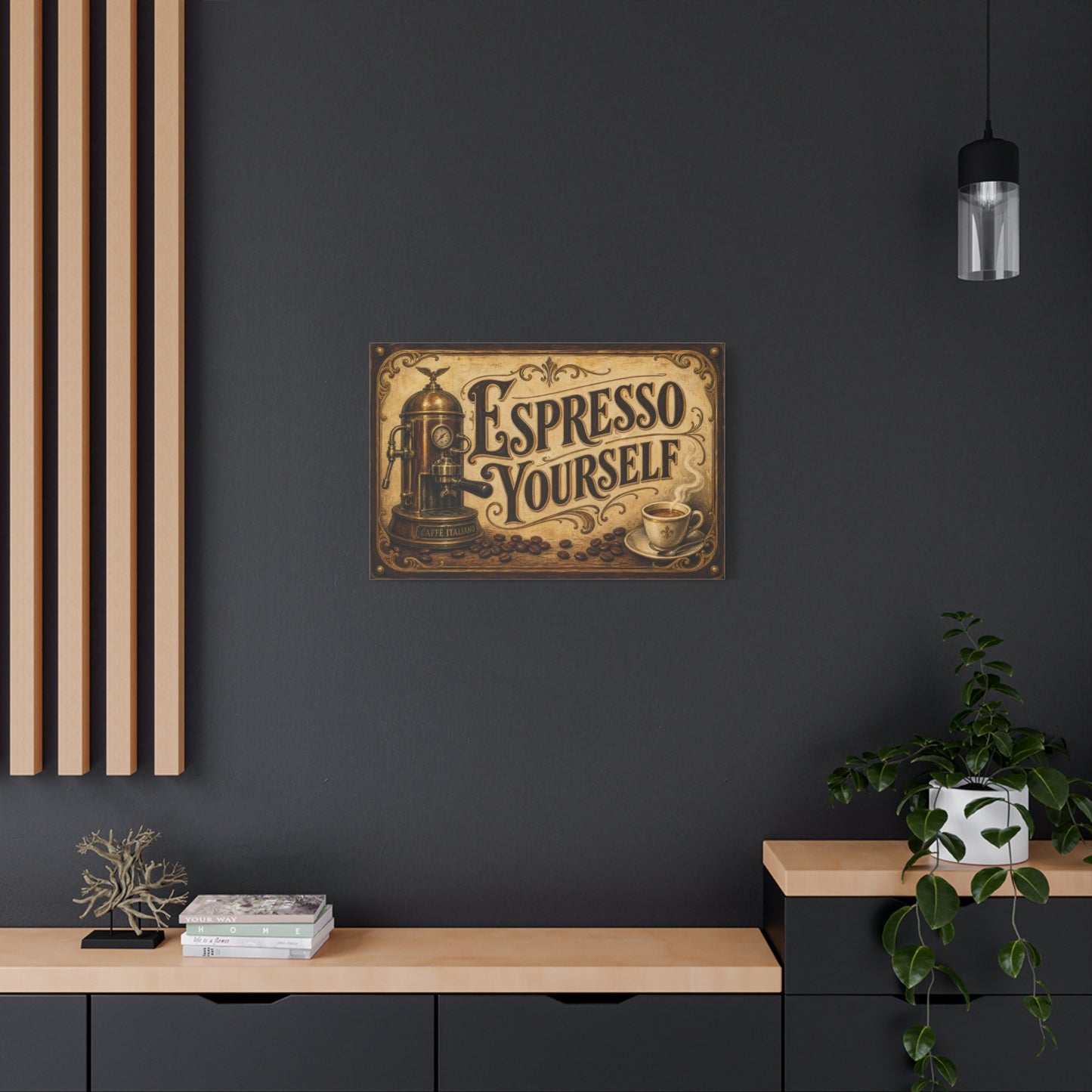 "Espresso Yourself" Coffee Canvas Wall Art - Vintage Espresso Machine, Cafe Decor - Matte Cotton Print, Rustic Farmhouse Style - Ready to Hang - Coffee Shop Decor - Cafe Wall Art - Matte Finish Print