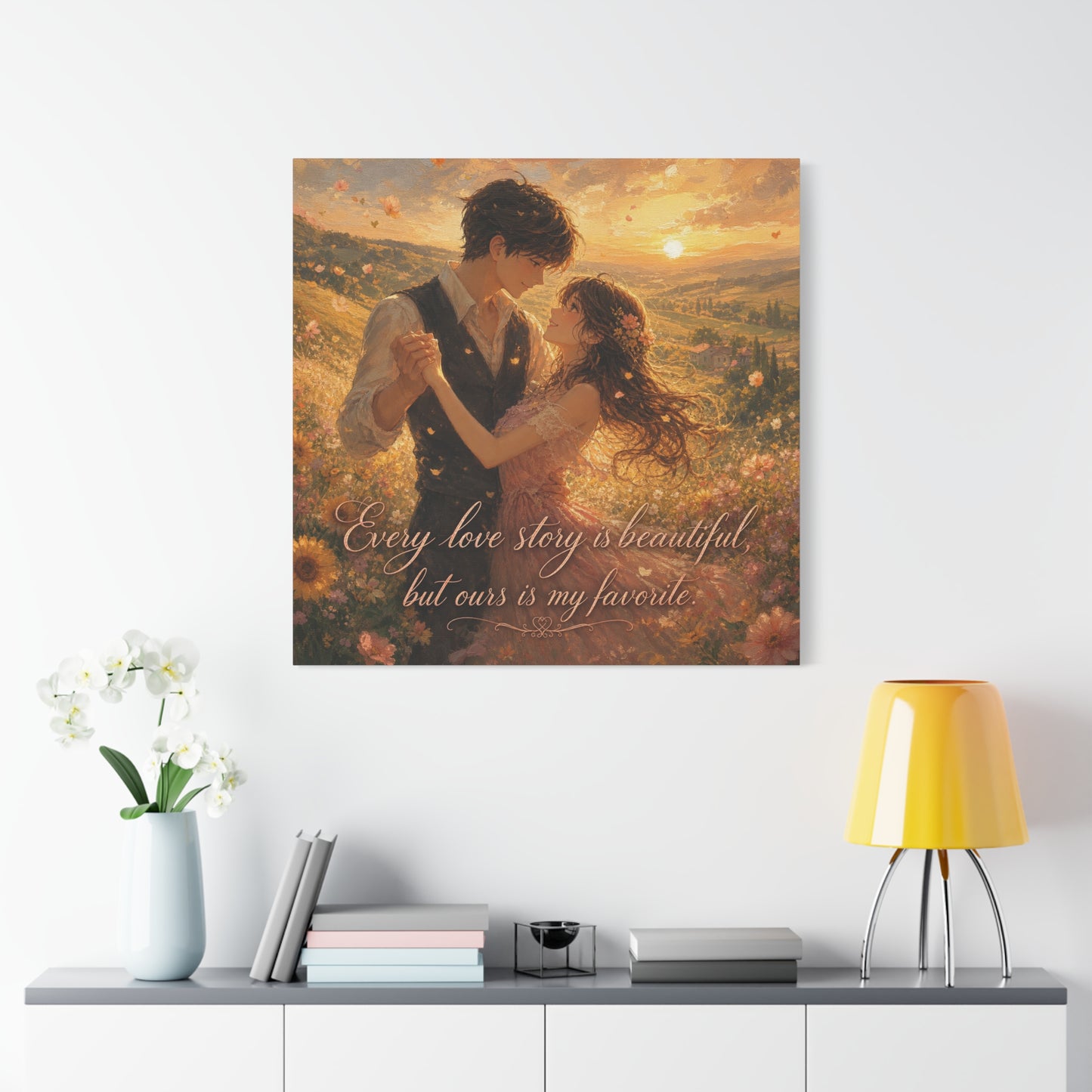 "Every Love Story Is Beautiful, But Ours Is My Favorite" Romantic Couple Canvas Wall Art - Golden Sunset Wildflower Field - Dreamy Rustic Style - Bedroom Wall Decor - Ready to Hang - Ready to Hang