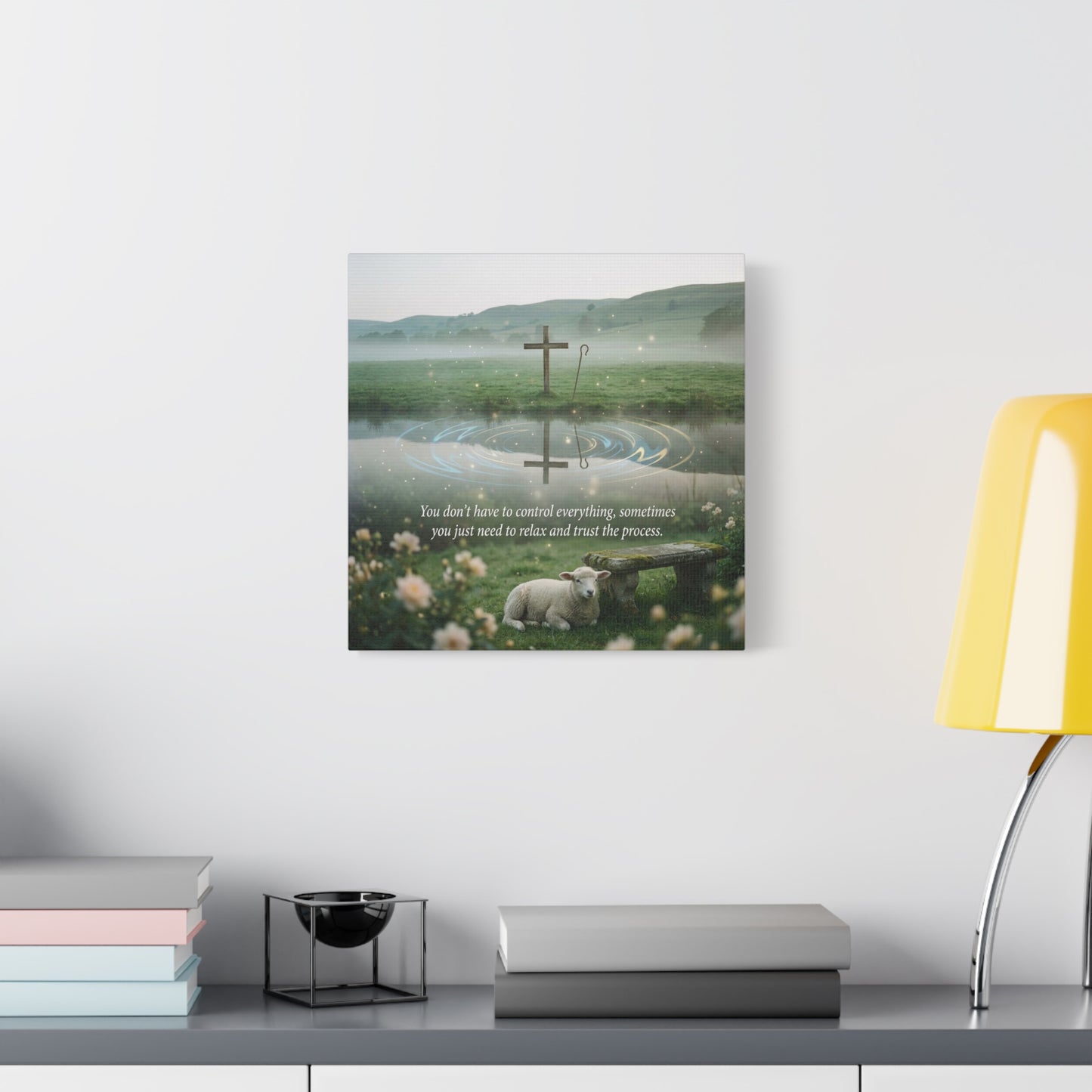 "You Don’t Have To Control Everything, Sometimes You Just Need To Relax And Trust The Process" Canvas Wall Art - Christian Cross, Lamb Meadow Scene - Inspirational Farmhouse Decor - Office Wall Art