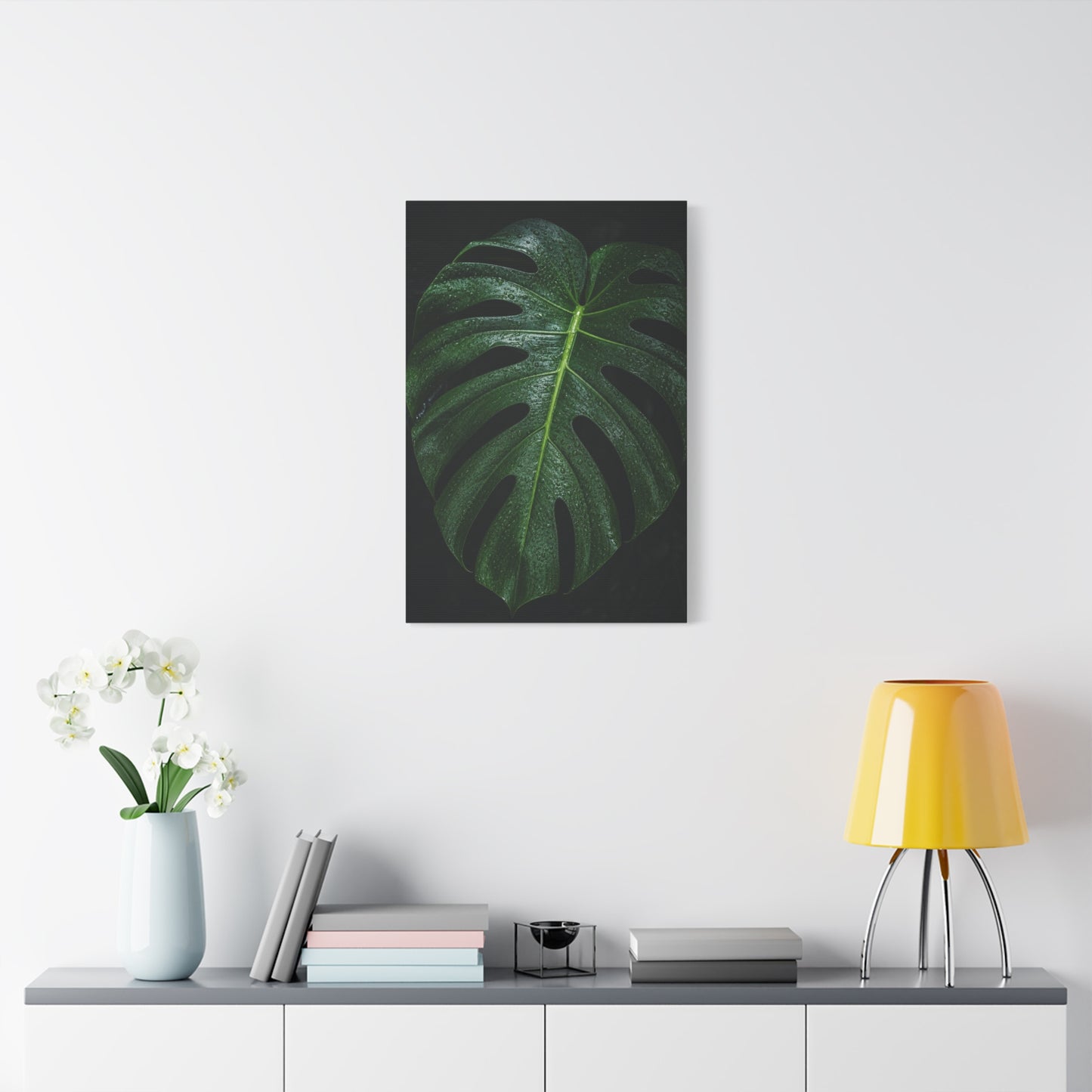 Monstera Leaf Canvas Wall Art - Botanical Art Print, Dark Green Tropical Foliage Print - Matte Cotton Canvas - Contemporary Minimalist Style - Living Room Wall Decor, Bedroom Home Accent