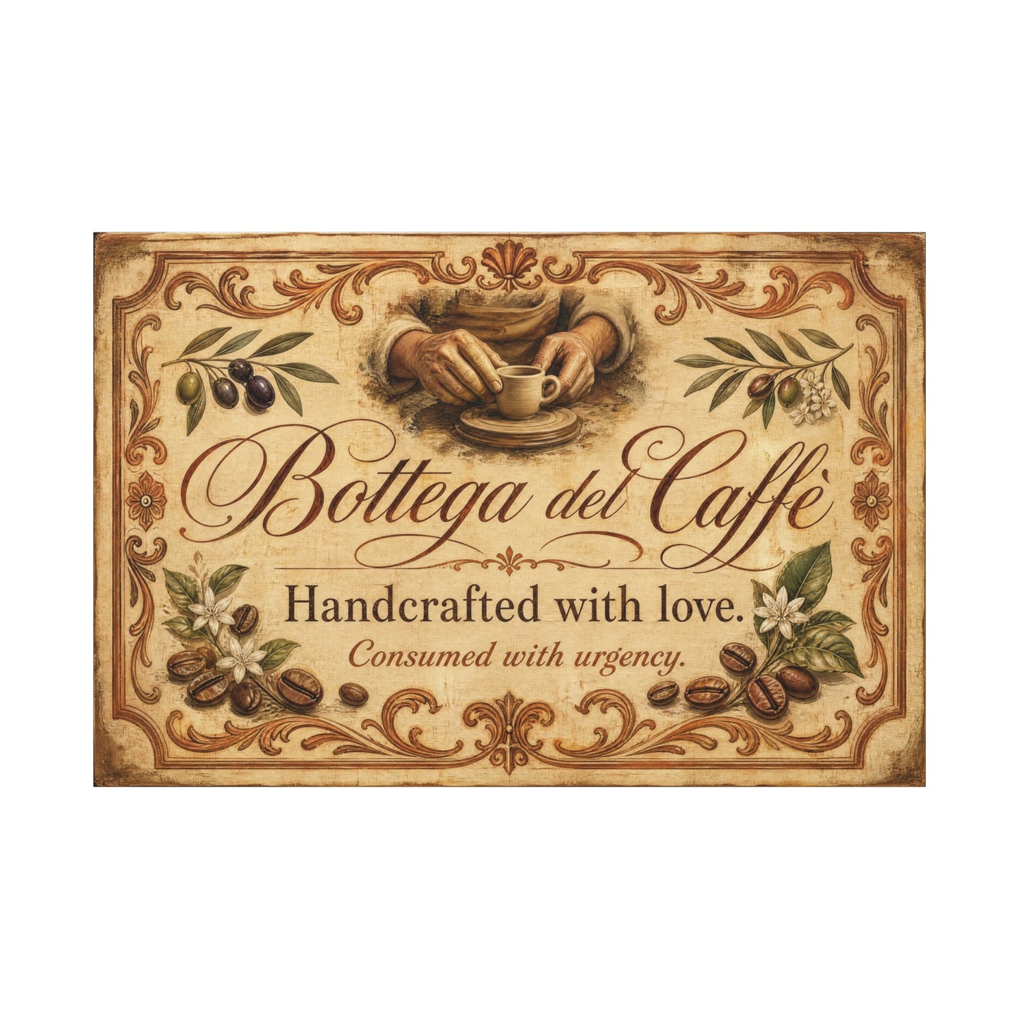 "Bottega del Caffe" Canvas Wall Art - Vintage Italian Coffee Quote Print, Olive Branches, Beans, Rustic Farmhouse Decor, Cafe Wall Hanging - Modern Farmhouse Style - Coffee Shop Decor - Ready to Hang