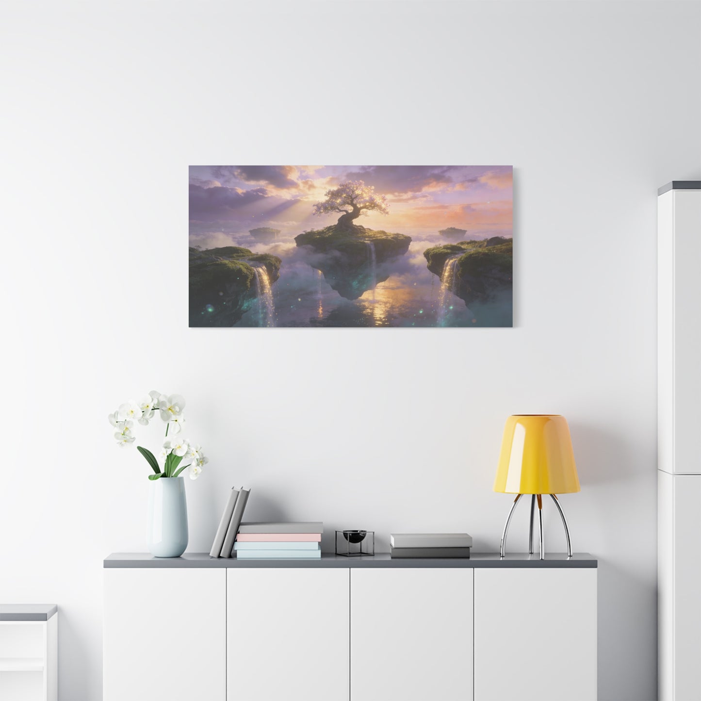 Fantasy Tree Of Life Canvas Wall Art - Floating Islands, Waterfall Dreamscape - Ethereal Cotton Print - Contemporary Zen Style - Living Room Wall Decor, Bedroom Home Decoration - Cozy Reading Nook Art