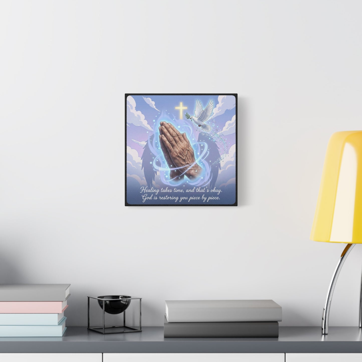 "Healing Takes Time, And That’s Okay. God Is Restoring You Piece By Piece." Christian Canvas Wall Art - Praying Hands, Dove, Cross - Faith Inspired Blue Sky Decor - Bedroom Living Room Office