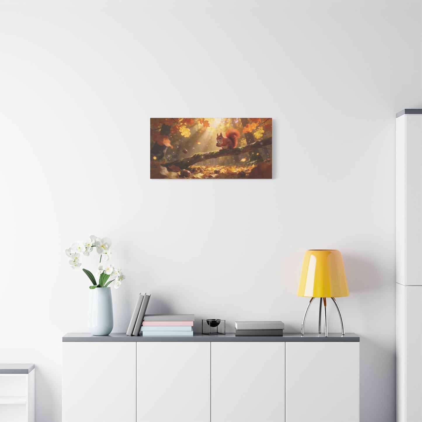 Red Squirrel Canvas Wall Art - Autumn Forest Acorn Scene, Golden Sunlight, Matte Cotton Print - Rustic Woodland Decor, Living Room Accent, Bedroom Decoration, Office Nature Artwork - Office Wall Art