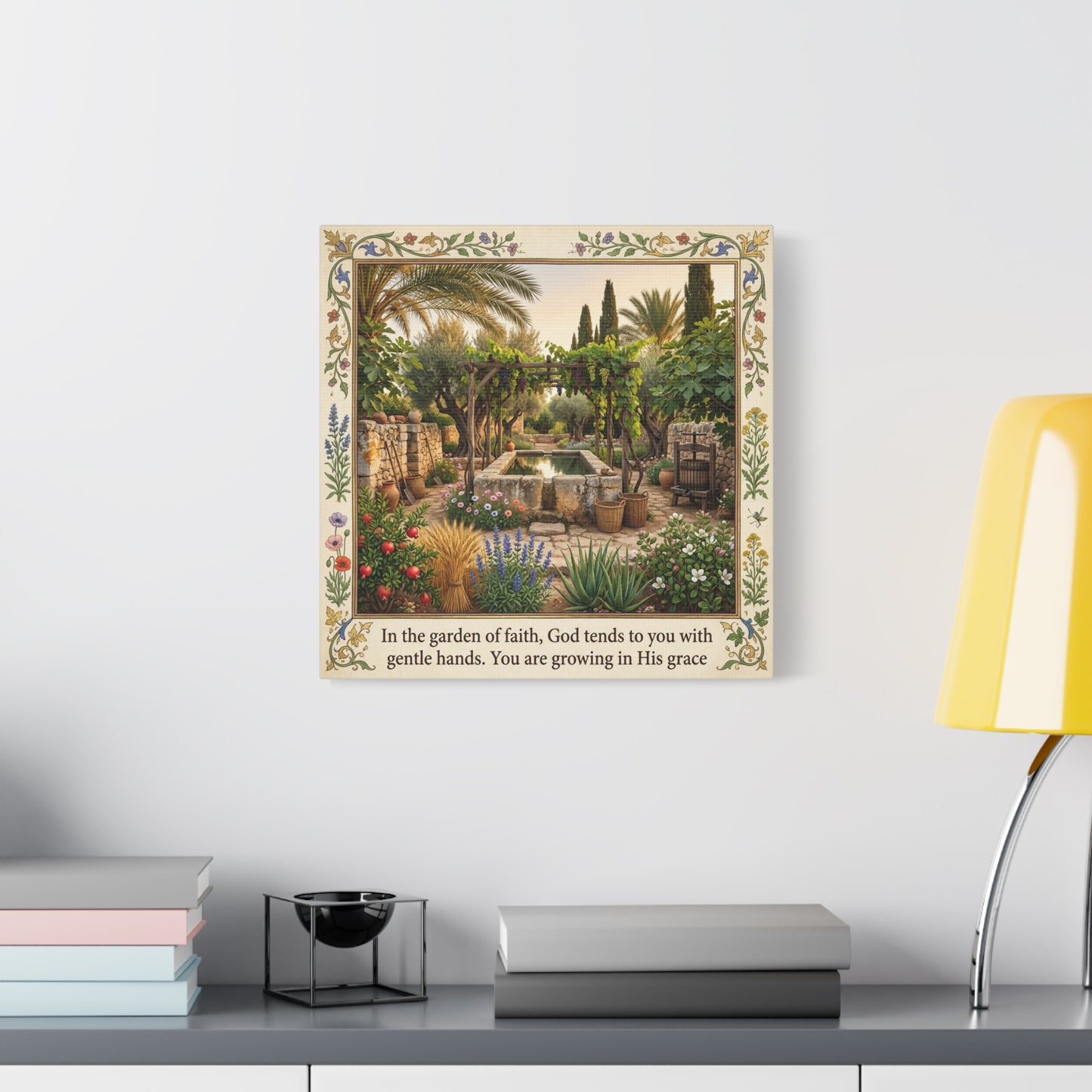 "In The Garden Of Faith, God Tends To You" Canvas Wall Art - Biblical Garden Scripture Print, Floral Border, Rustic Mediterranean Courtyard Scene - Christian Home Decor For Living Room - Ready to Hang