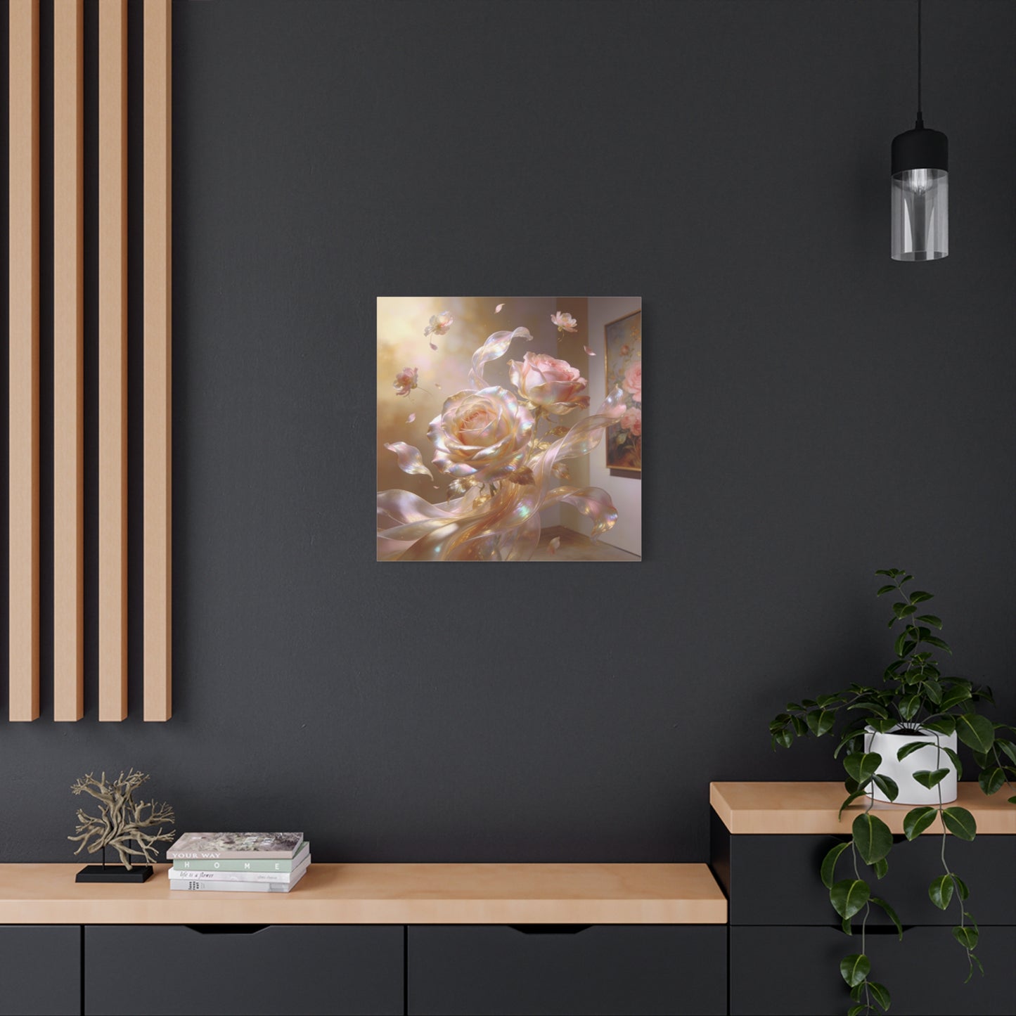 Iridescent Pink Rose Canvas Wall Art - Pearlescent Floral Wall Decor, Dreamy Botanical Home Decoration - Luminous Matte Canvas Print - Romantic Contemporary Style, Bedroom Accent - Ready to Hang