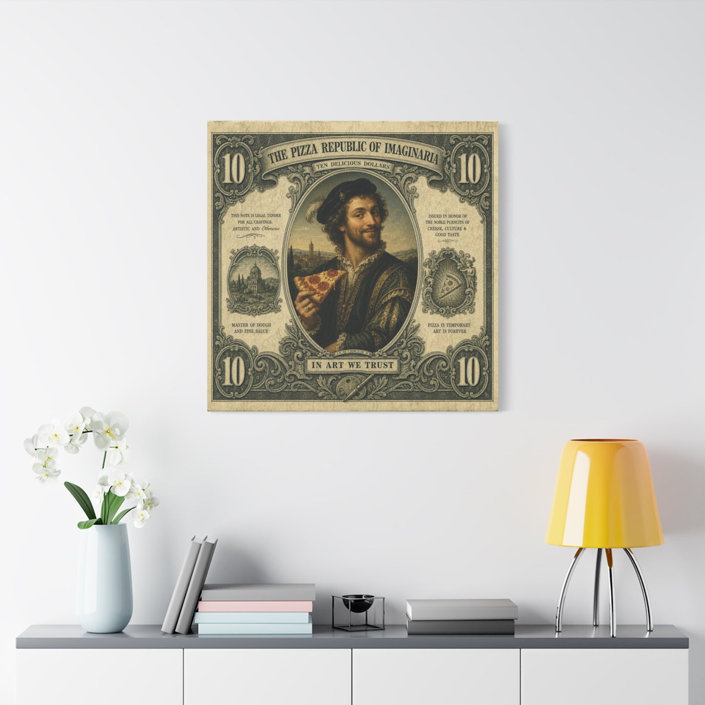 "The Pizza Republic Of Imaginaria" Canvas Wall Art - Vintage Typography Portrait Print, Renaissance Pizza Note Design, Eclectic Office Wall Decor, Cafe Wall Art, Humor Canvas - Reception Area Decor