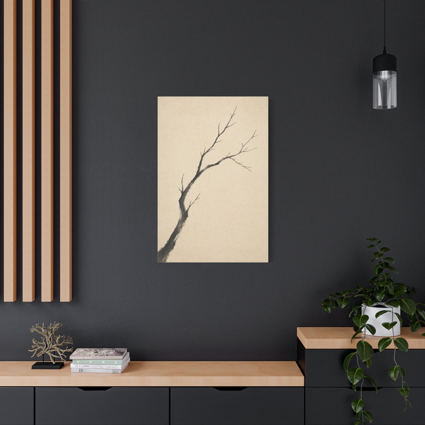 Minimalist Bare Tree Branch Canvas Wall Art - Neutral Ink Wash Botanical Print - Japanese Zen Style - Beige Black Contemporary Wall Decor For Bedroom Living Room Office Entryway - Ready to Hang