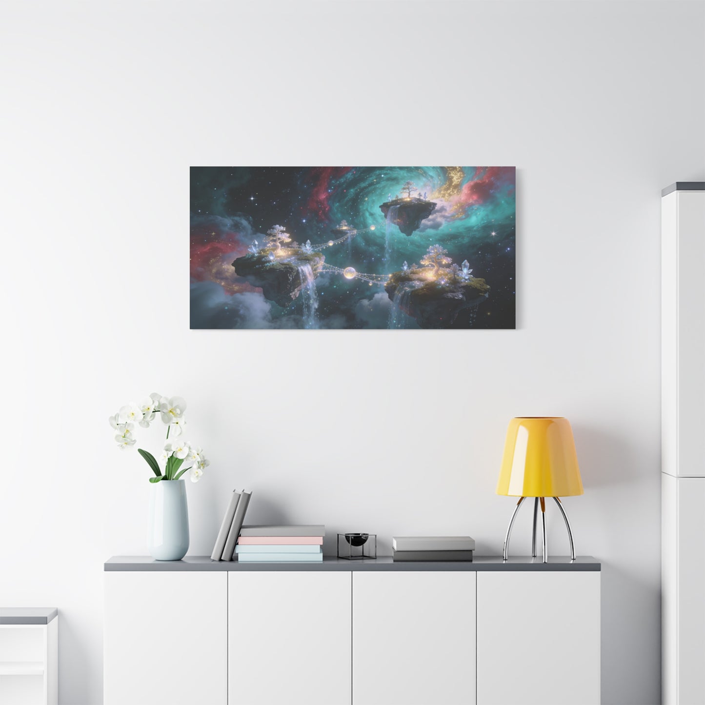 Floating Islands Canvas Wall Art - Fantasy Galaxy Sky, Waterfalls, Crystal Trees - Dreamlike Cosmic Landscape Canvas Print - Contemporary Wall Decor For Living Room Bedroom Office - Ready to Hang