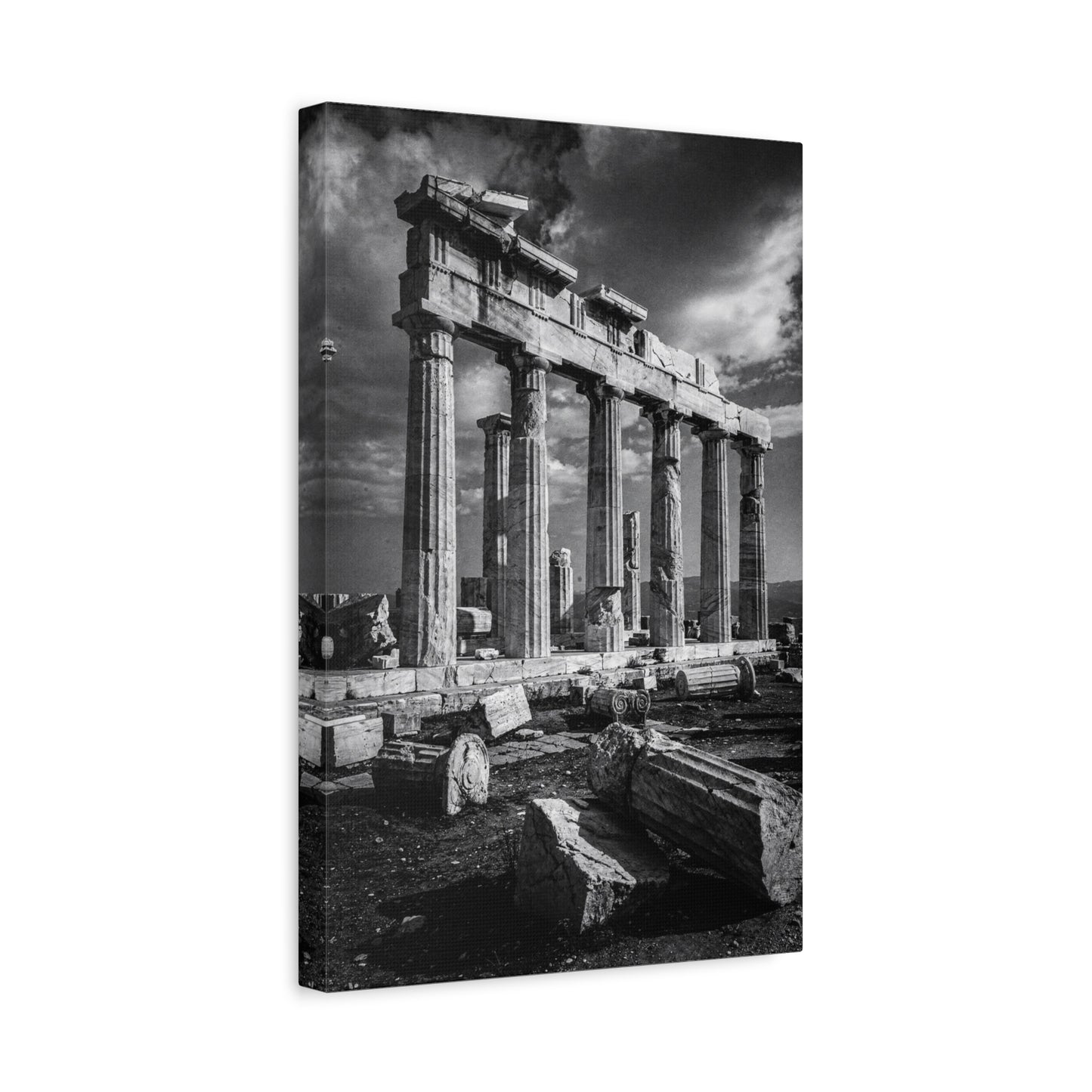 Ancient Greek Temple Ruins Canvas Wall Art - Black And White Architectural Art Print, Dramatic Sky, Vintage Classical Style - Living Room Wall Decor, Office Art Accent - Modern Farmhouse Style