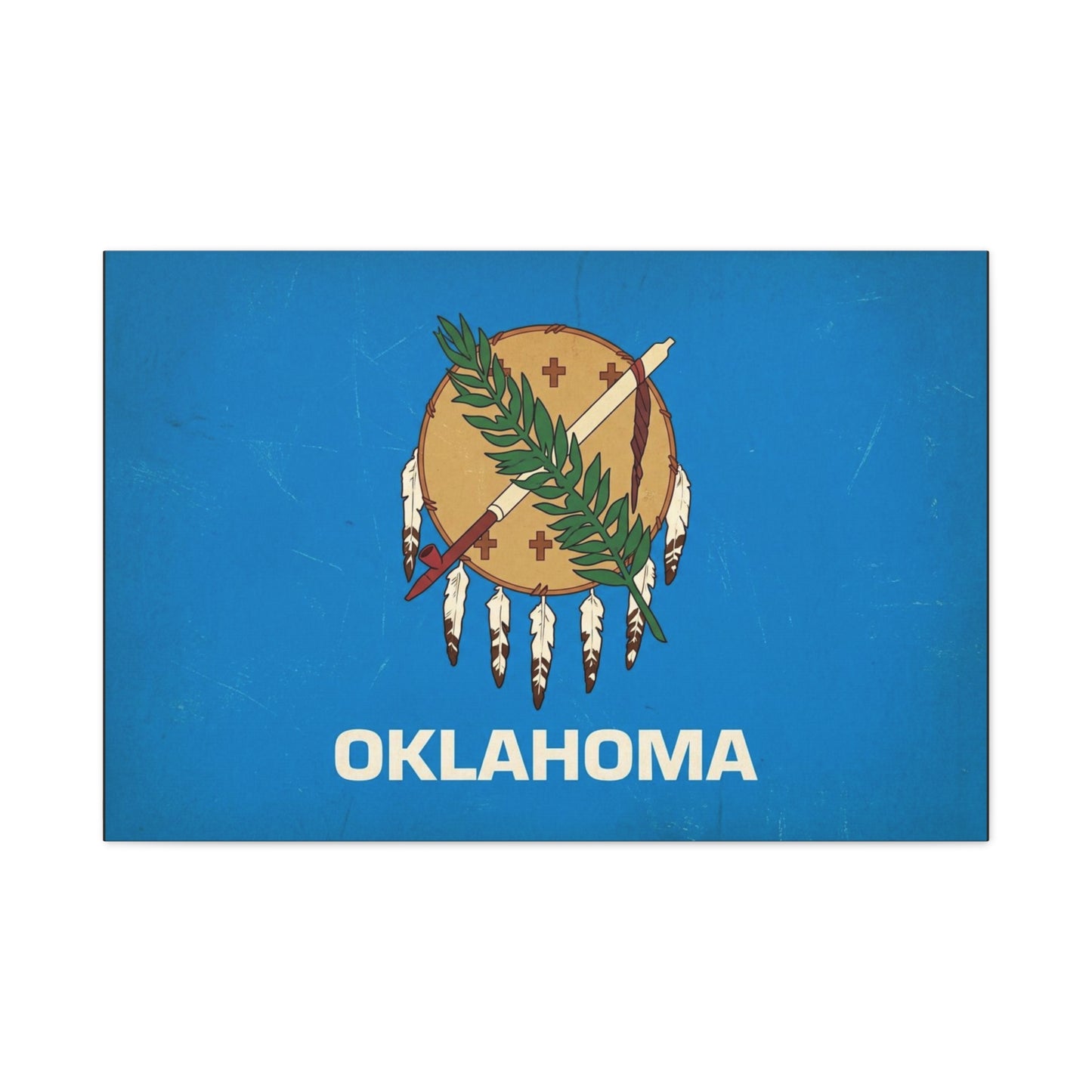 "OKLAHOMA" State Flag Canvas Wall Art - Vintage Blue Shield, Olive Branch And Peace Pipe Print - Rustic Americana Style - Living Room Decor, Office Wall Accent - Ready to Hang - Modern Farmhouse Style