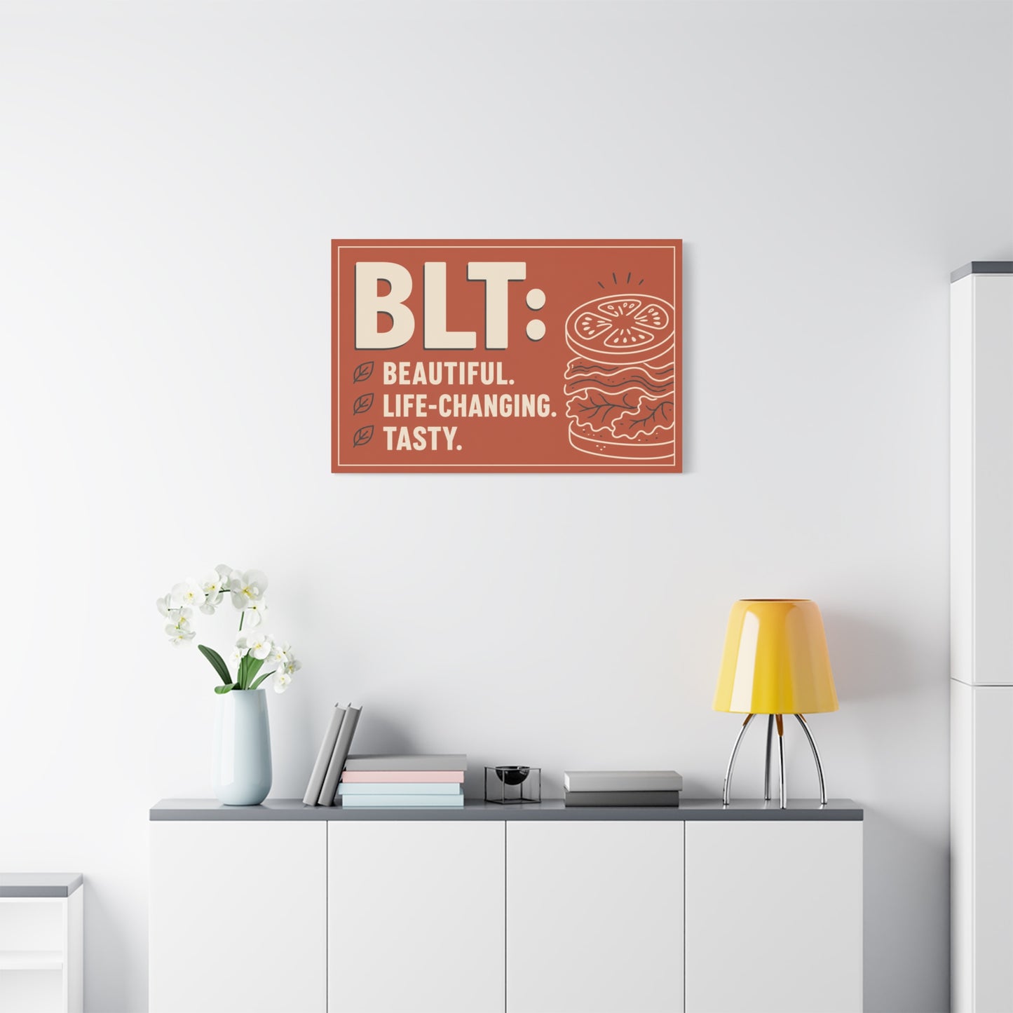 "BLT: Beautiful. Life-Changing. Tasty." Canvas Wall Art - Retro Sandwich Decor - Typography Food Illustration - Modern Farmhouse Style - Deli Wall Decor - Sandwich Shop Sign - Gallery Wrapped Canvas