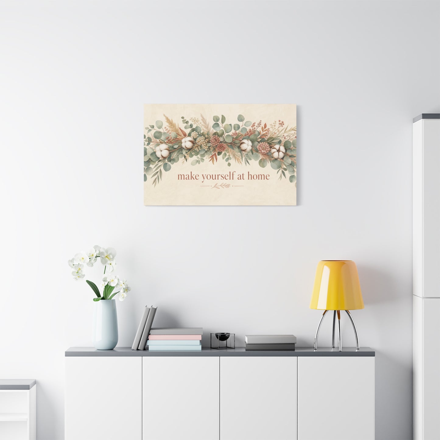 "Make Yourself At Home" Botanical Canvas Wall Art - Eucalyptus Cotton Stem Floral Quote Print - Rustic Farmhouse Style - Living Room Wall Decor - Modern Farmhouse Style - Bedroom Home Decoration