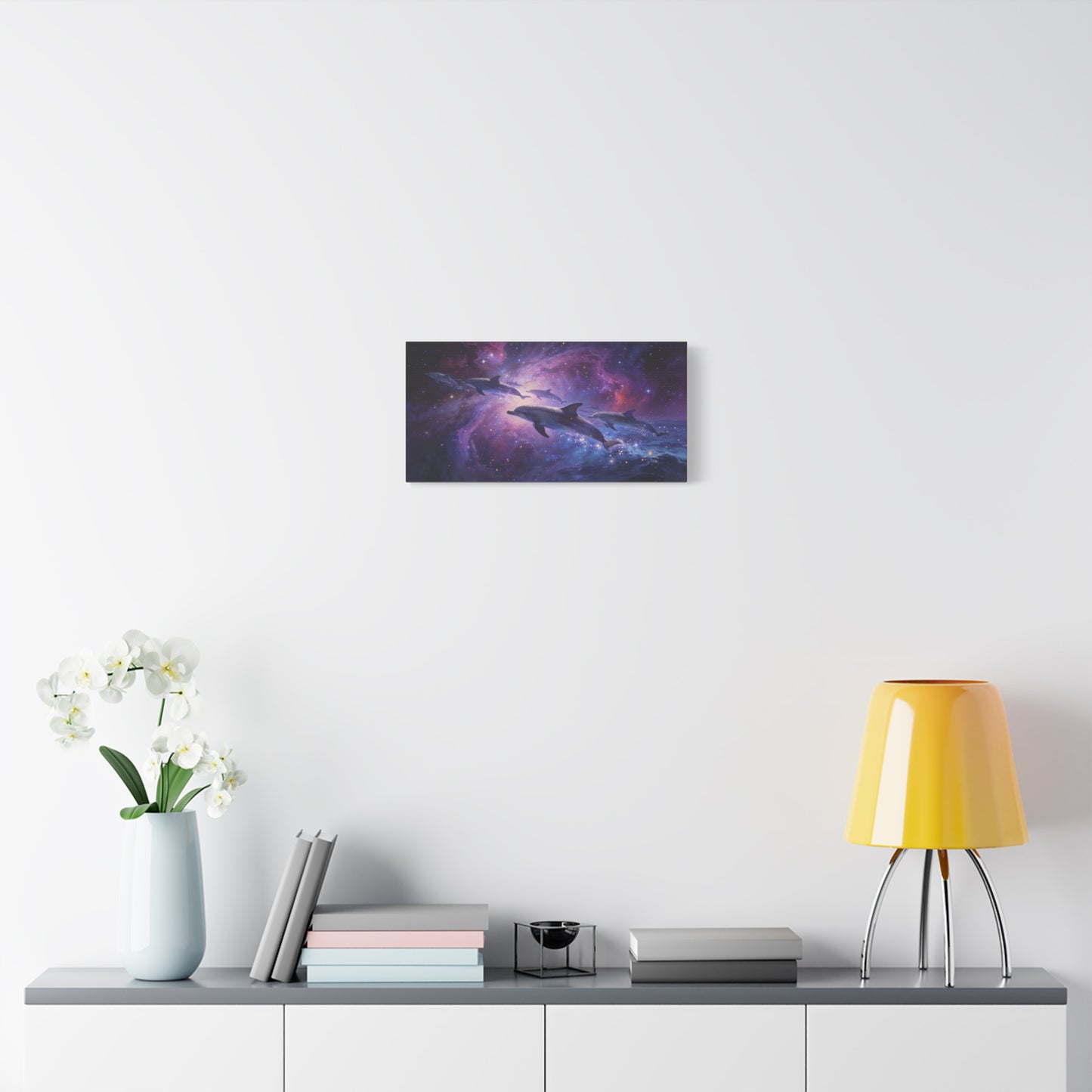 Cosmic Dolphin Canvas Wall Art - Celestial Ocean Galaxy Painting, Zebra Print Wallpaper Inspired Purple Blue Space Scene - Matte Canvas Print - Bedroom Living Room Decor - Living Room Wall Decor