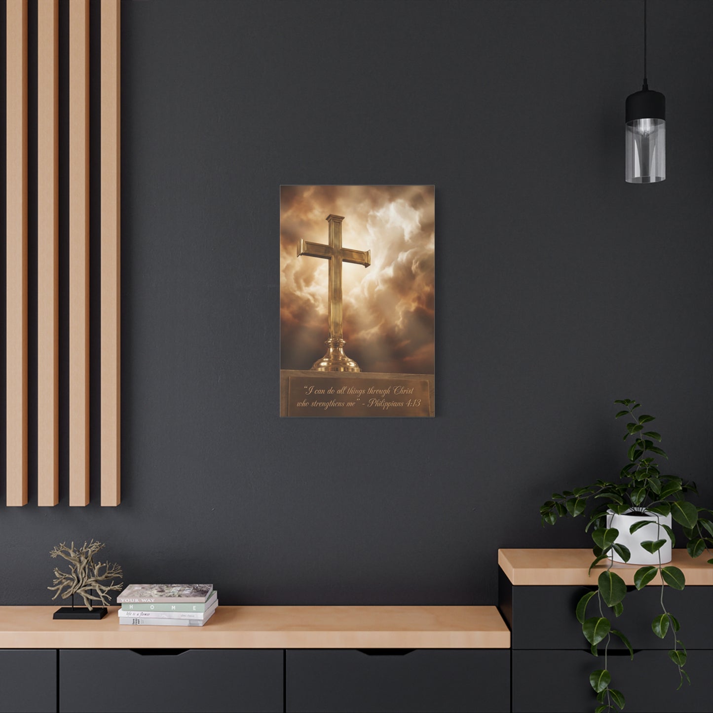 "I Can Do All Things Through Christ Who Strengthens Me" Christian Canvas Wall Art - Gold Cross, Philippians 4:13 Scripture Print - Traditional Faith Decor, Bedroom Living Room - Living Room Wall Decor
