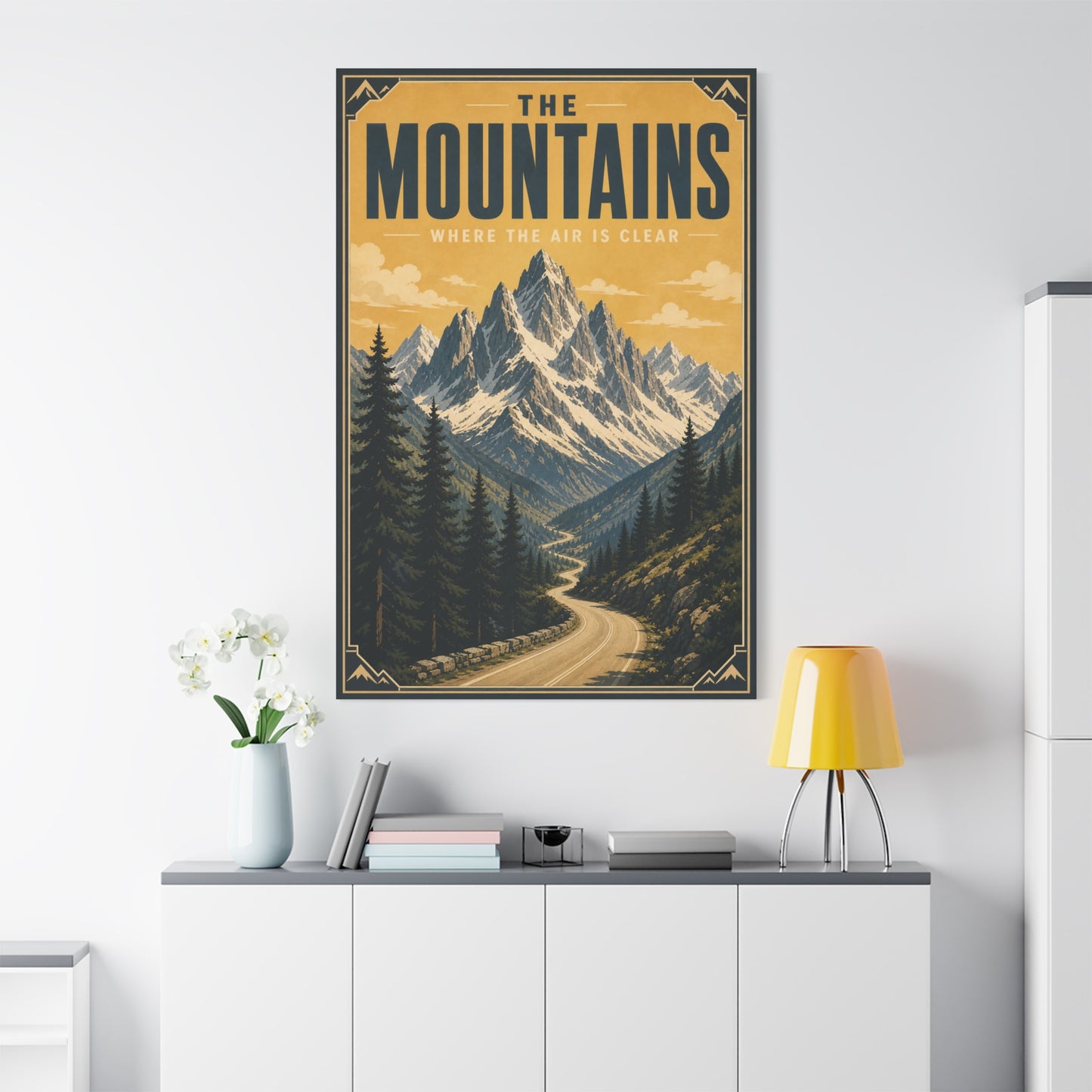 "The Mountains Where The Air Is Clear" Canvas Wall Art - Vintage Mountain Landscape Print, Golden Alpine Road Poster Style, Rustic Cabin Wall Decor - Ready to Hang - Bedroom Home Decoration