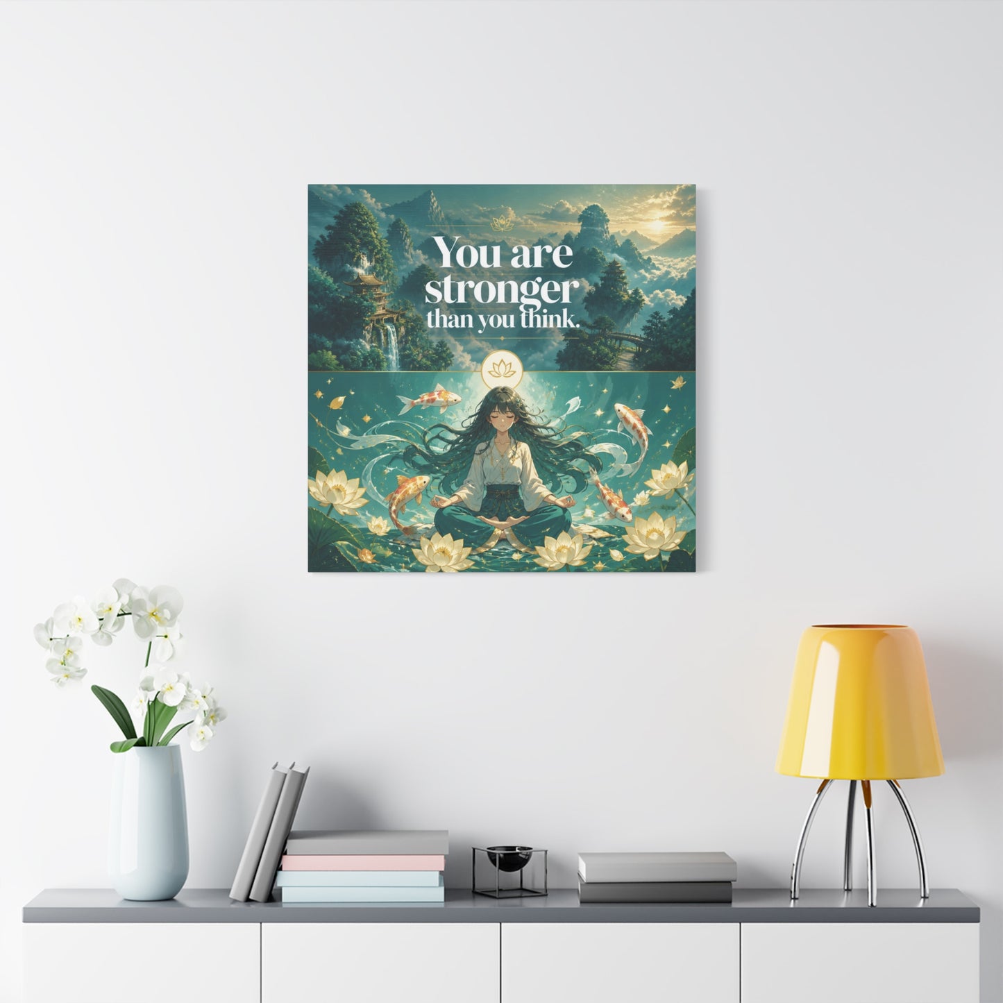 "You Are Stronger Than You Think." Inspirational Canvas Wall Art - Meditating Girl, Koi Fish, Lotus Lake - Zen Fantasy Landscape - Bedroom Wall Decor, Meditation Space, Jellyfish Room Decor