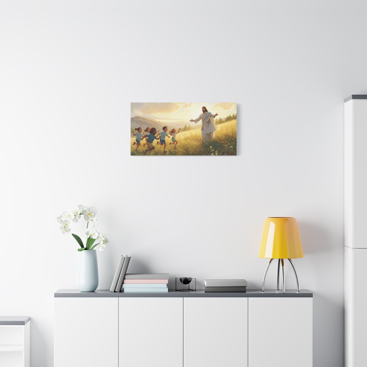 Jesus Christ With Children Canvas Wall Art - Golden Meadow Landscape, Christian Home Decor Print - Matte Cotton Canvas - Traditional Style For Living Room Bedroom Office - Living Room Wall Decor