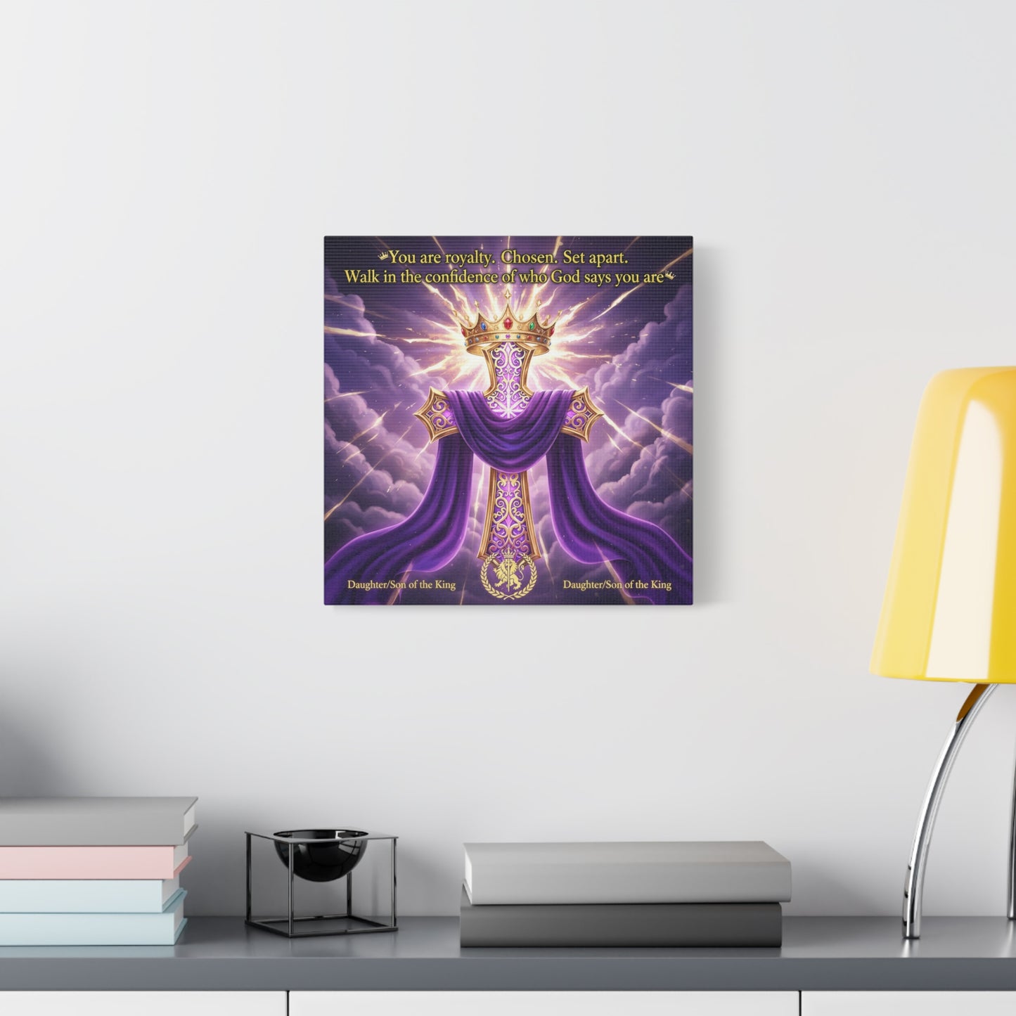 "You Are Royalty. Chosen. Set Apart." Christian Canvas Wall Art - Crowned Cross With Purple Draped Cloth, Daughter Son Of The King Quote - Religious Wall Decor For Bedroom, Office - Ready to Hang