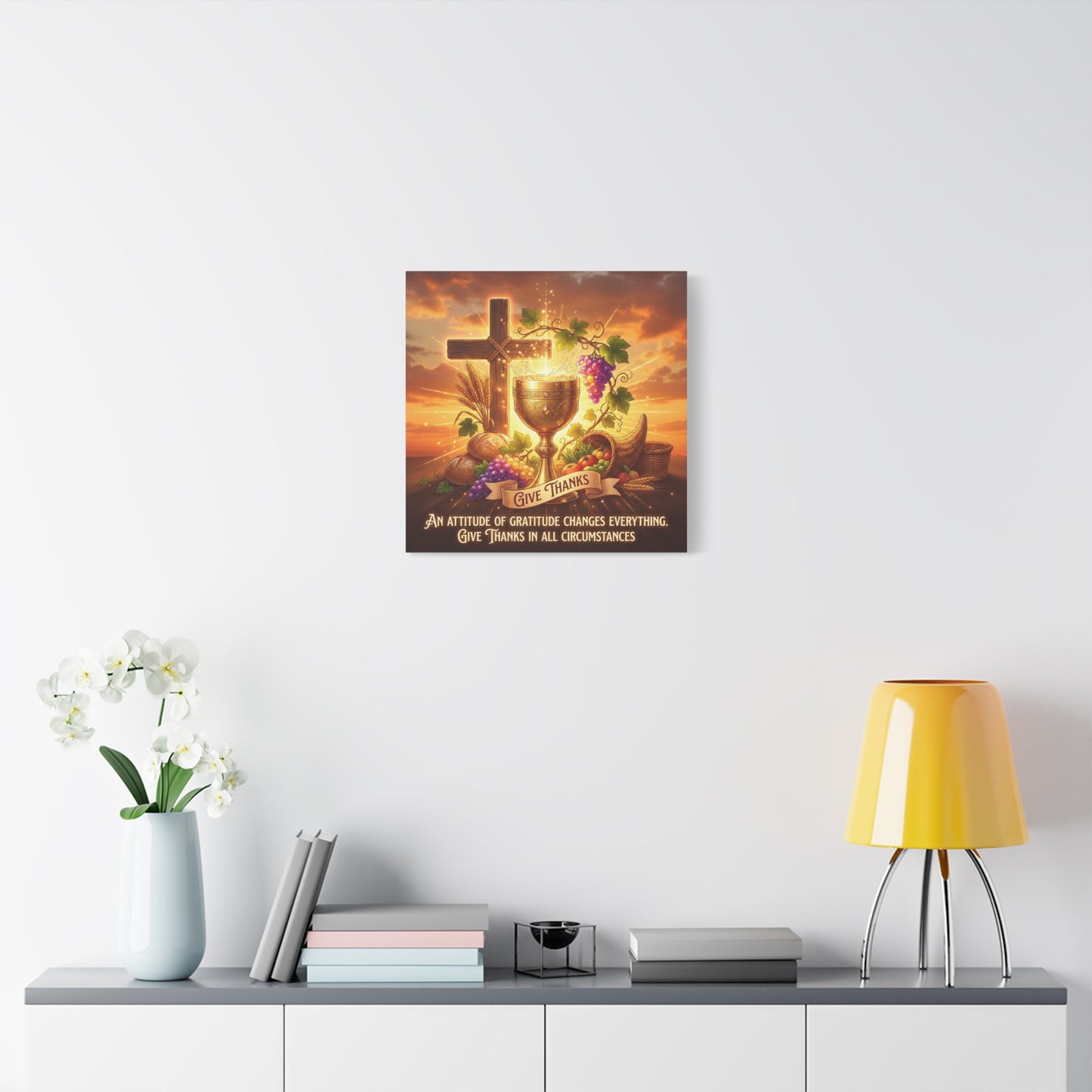 "Give Thanks" Christian Canvas Wall Art - Cross, Communion Chalice, Grapes, Bread - Gratitude Scripture Decor, Matte Cotton Print - Ready to Hang