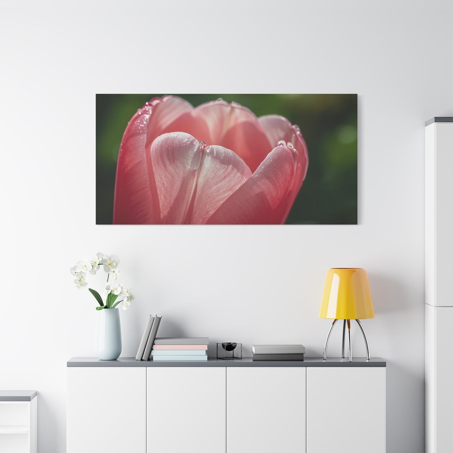 Pink Tulip Canvas Wall Art - Macro Floral Art Print, Dew Drop Petals - Matte Botanical Print - Contemporary Nature Style - Bedroom Wall Decor, Bathroom Home Accent - Bedroom Home Decoration