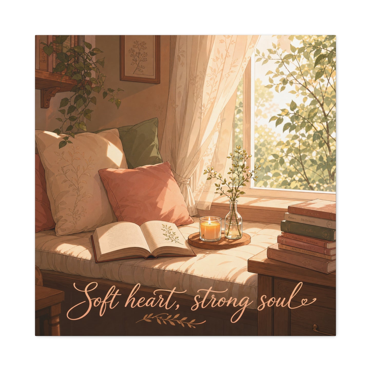 "Soft Heart, Strong Soul" Reading Nook Canvas Wall Art - Sunlit Window Seat, Books, Candle, Botanical Bedroom Decor - Cozy Cottagecore Style - Living Room Wall Decor - Bedroom Home Decoration