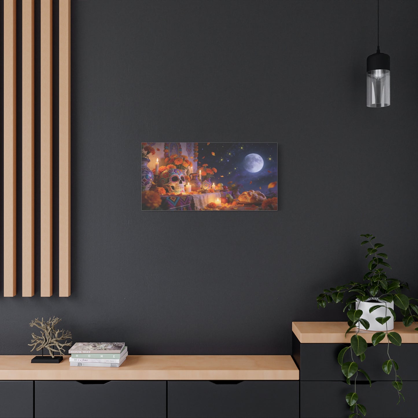 Day Of The Dead Altar Canvas Wall Art - Sugar Skull, Marigolds, Candles, Full Moon - Traditional Folk Style - Living Room Wall Decor, Dining Room Accent, Bedroom Home Decoration - Ready to Hang