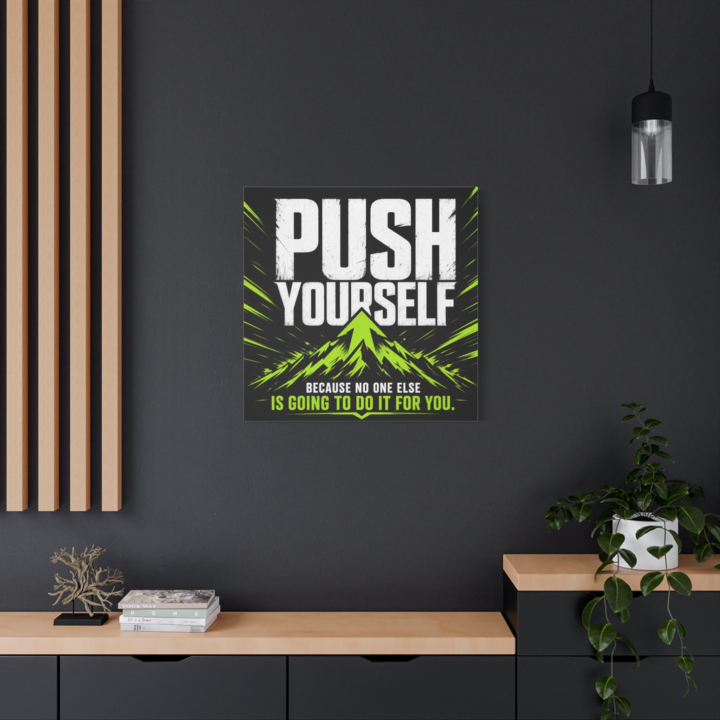 "Push Yourself Because No One Else Is Going To Do It For You" Motivational Canvas Wall Art - Bold Typography Quote Print, Modern Black Neon Green Design - Home Office Wall Decor, Teen Room