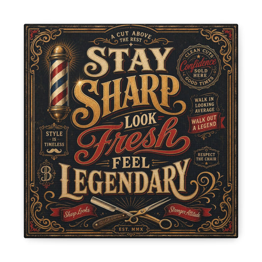 "Stay Sharp Look Fresh Feel Legendary" Barber Shop Canvas Wall Art - Vintage Typography, Barbershop Pole And Scissors - Traditional Style - Office Wall Art, Salon Wall Decor - Reception Area Decor