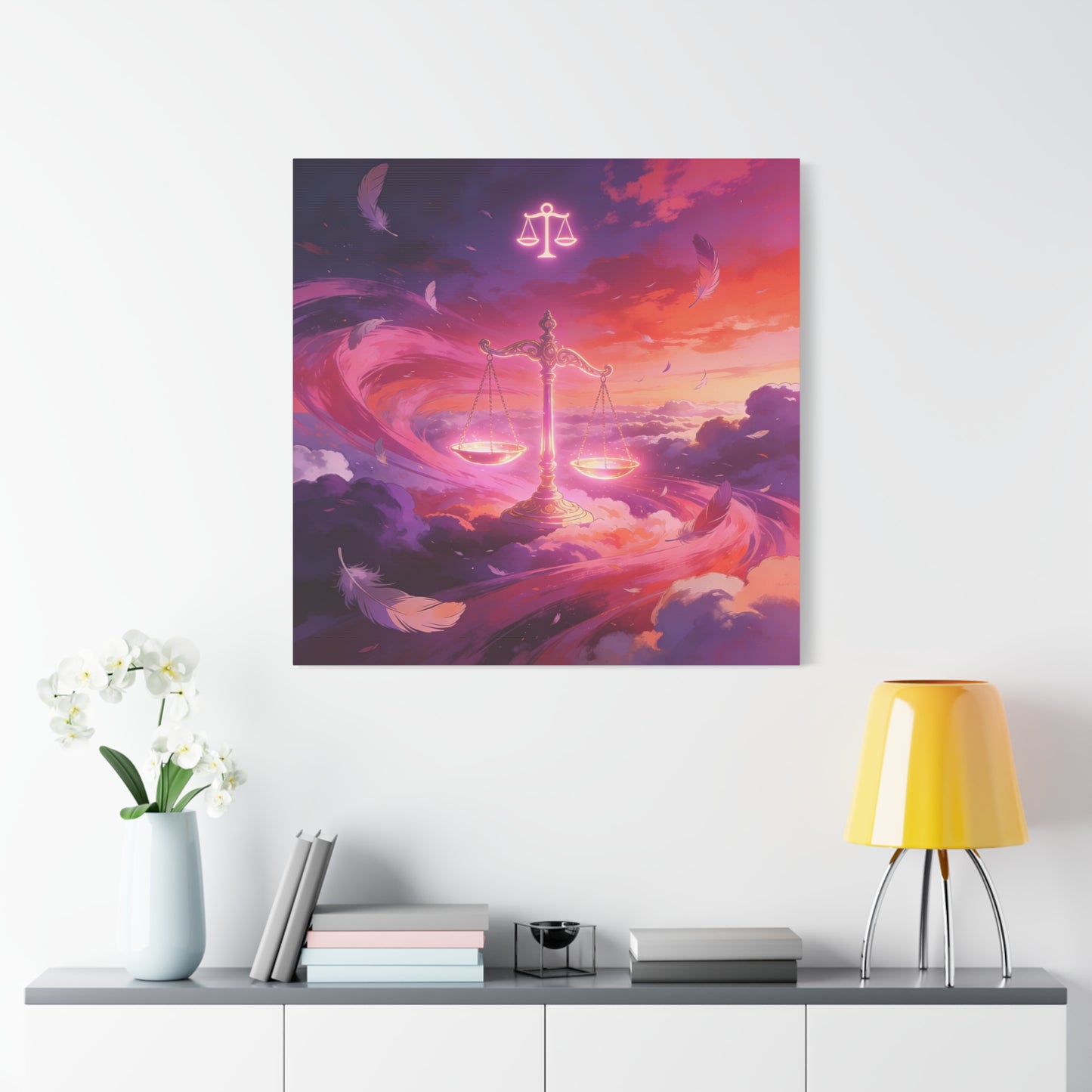 Libra Scales Canvas Wall Art - Zodiac Sky Illustration, Glowing Balance Symbol - Matte Cotton Art Print, Contemporary Celestial Style - Bedroom Home Decoration, Office Wall Decor - Ready to Hang