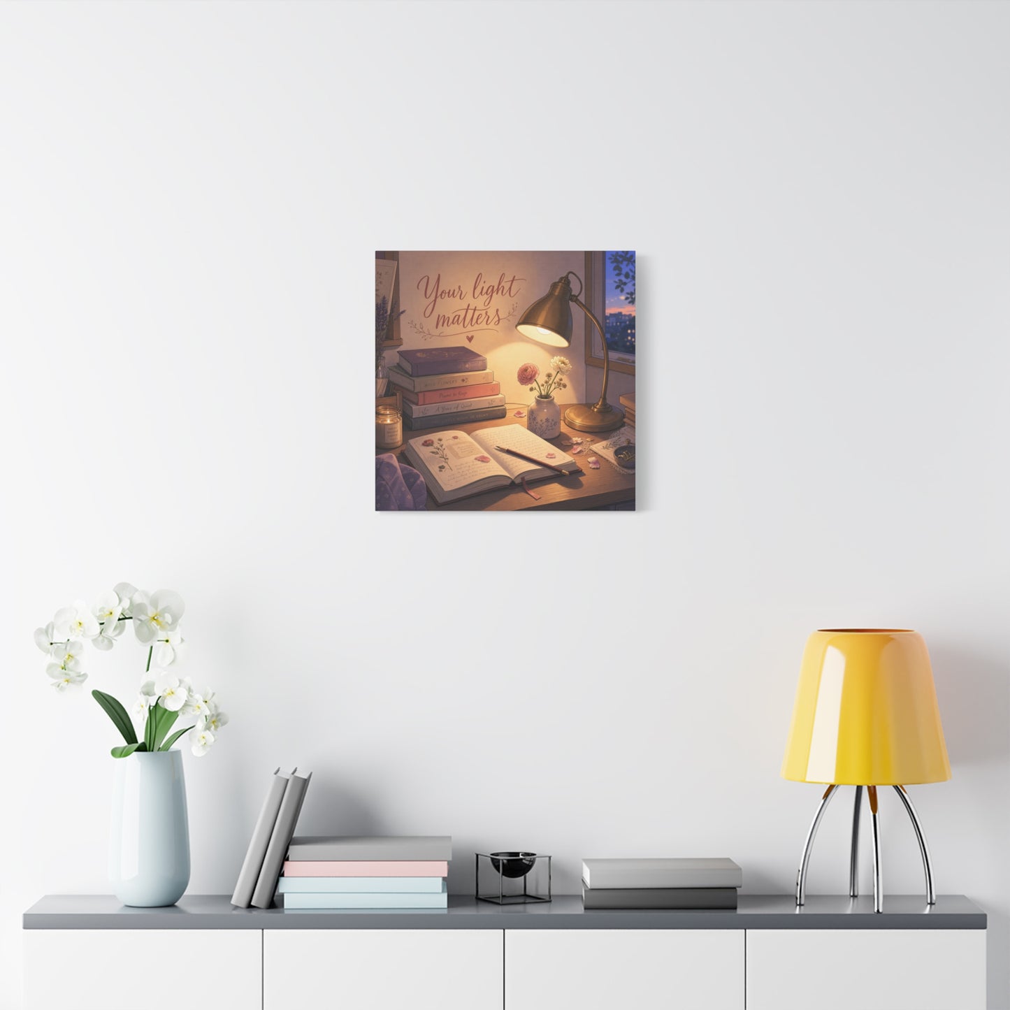 "Your Light Matters" Inspirational Canvas Wall Art - Cozy Desk Lamp Books Floral Print - Warm Vintage Bedroom Wall Decor - Reading Nook Home Decoration - Ready to Hang - Bedroom Home Decoration